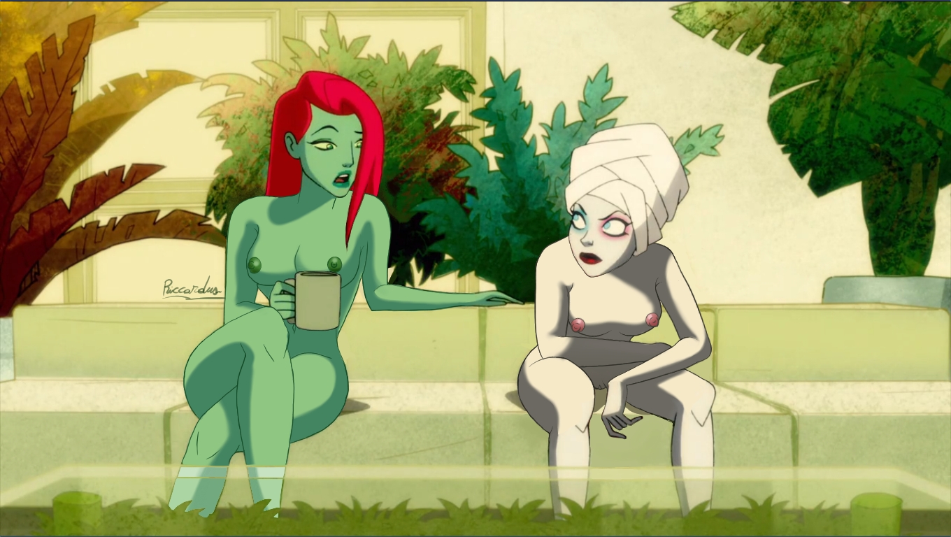 2d, 2girls, accurate art style, batman (series), breasts, casual nudity, dc, dc comics, edit, female, female only, green skin, green-skinned female, harley quinn, harley quinn (series), multiple females, multiple girls, naked, nipples, nude, pamela isley, poison ivy, riccardus97, screenshot, screenshot edit, tagme, towel