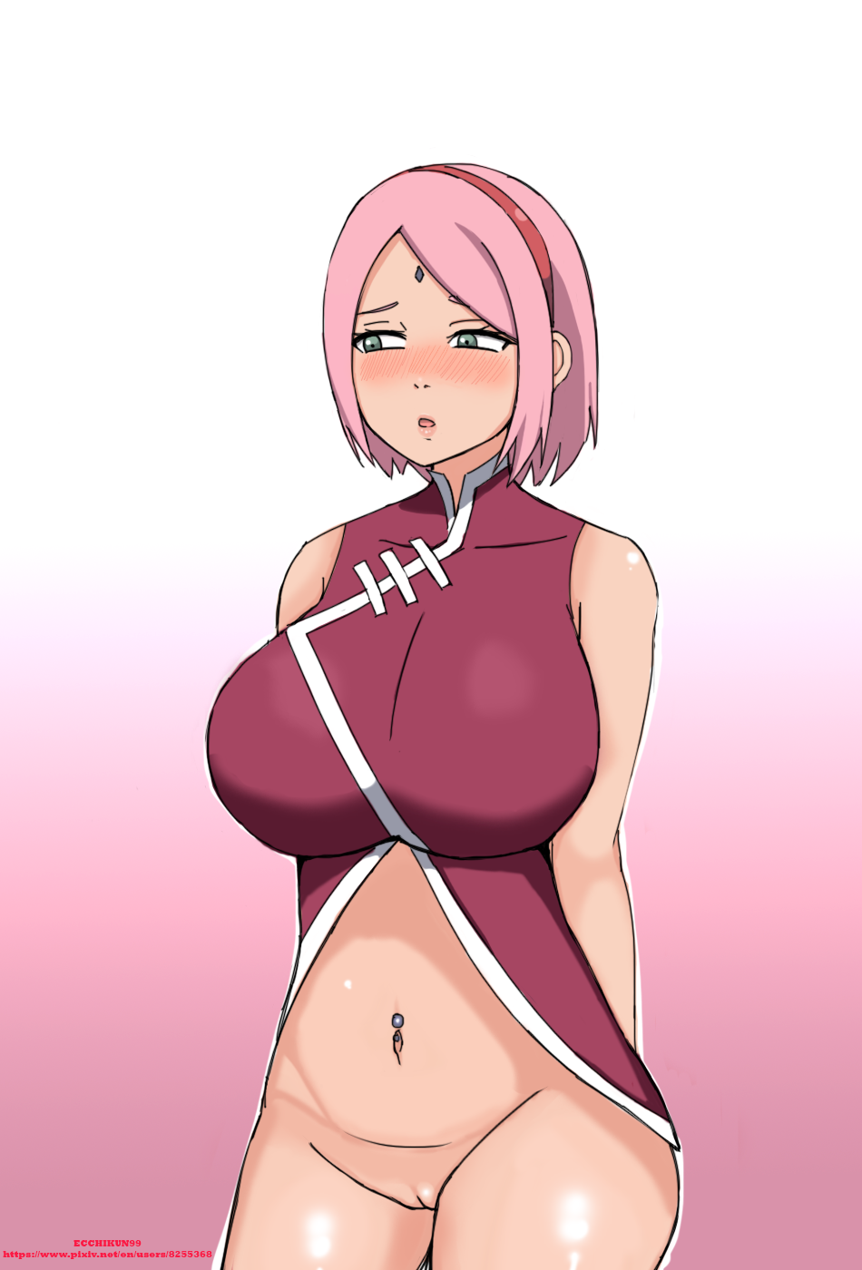 1girls, arms behind back, big breasts, blush, boruto: naruto next generations, bottomless, breasts, busty, ecchikun99, female, female only, forehead mark, green eyes, hairband, naruto, naruto (series), navel piercing, pink hair, pussy, sakura haruno, short hair, solo