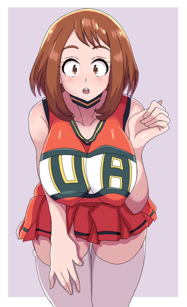 big_breasts brown_eyes brown_hair cheerleader cheerleader_uniform female female_only looking_at_viewer my_hero_academia nipples_visible_through_clothing ochako_uraraka senak012 short_hair shounen_jump solo solo_female solo_focus thighhighs u.a._cheerleader_outfit