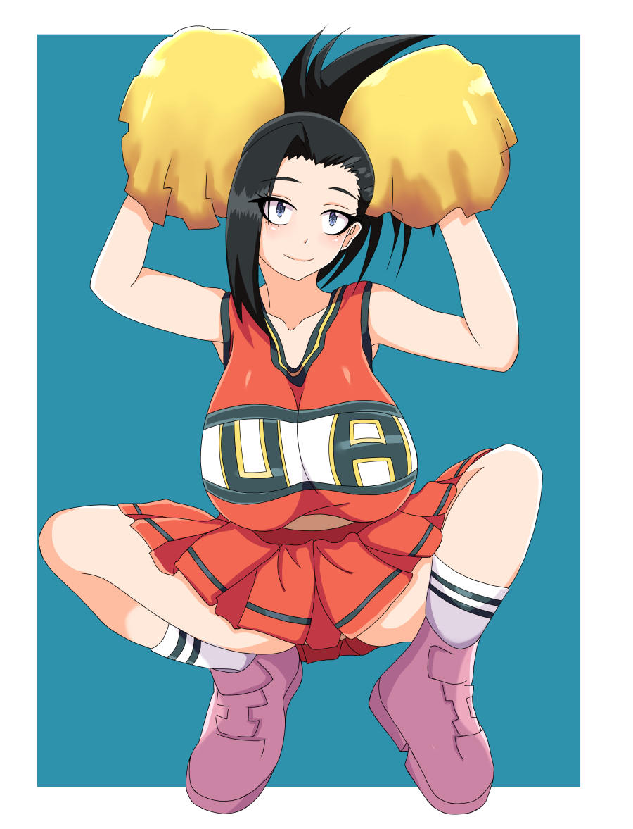 big breasts, black hair, breasts, cheerleader, cheerleader uniform, female, female only, long hair, momo yaoyorozu, my hero academia, nipples visible through clothing, pom poms, ponytail, senak012, shounen jump, smile, solo, solo female, solo focus, u.a. cheerleader outfit
