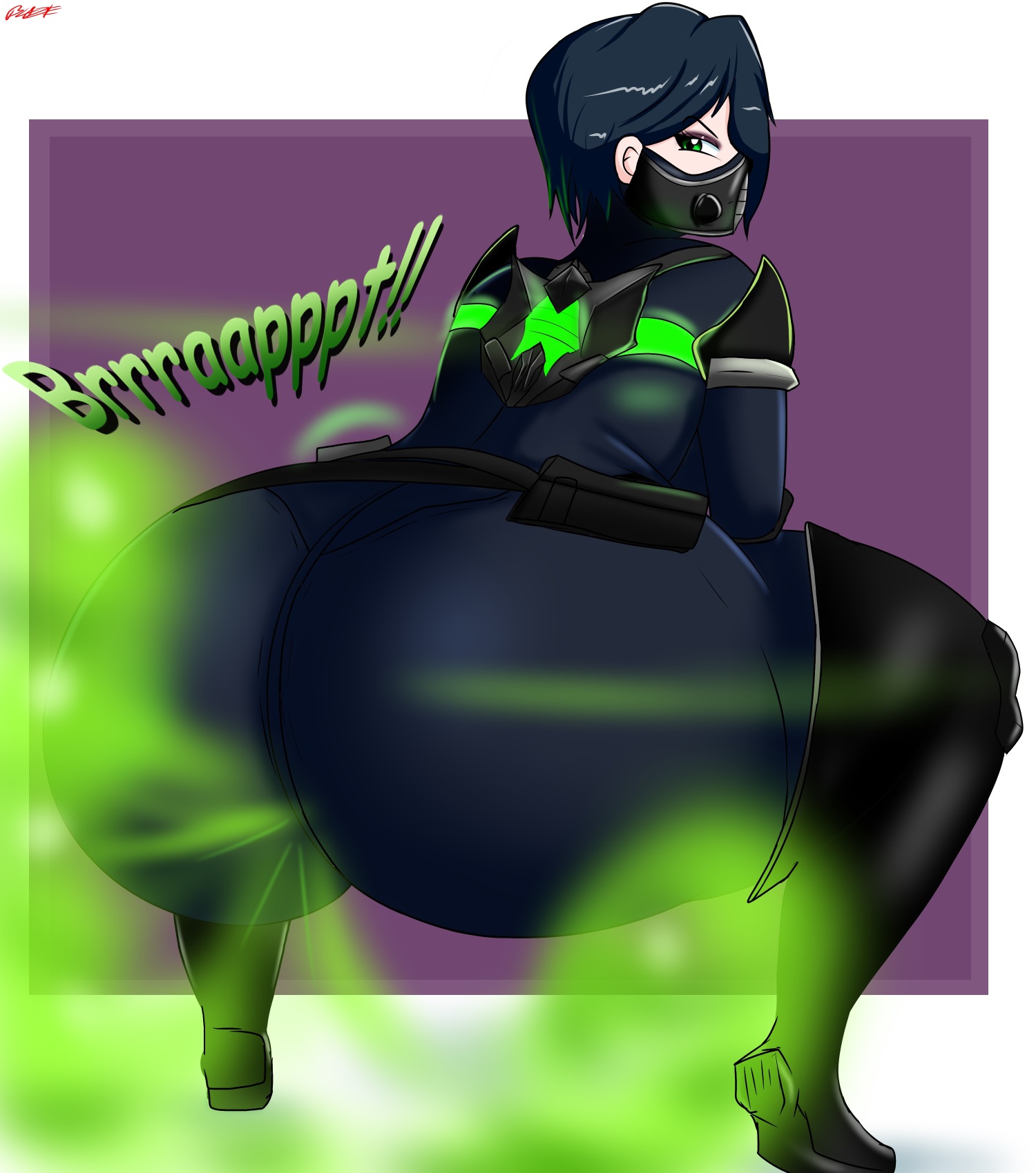 ass, black hair, blaze (artist), bodysuit, face mask, fart, fart cloud, fart fetish, farting, female, full of gas, gas, green eyes, green gas, huge ass, looking back, purple background, riot games, squatting, valorant, viper (valorant)
