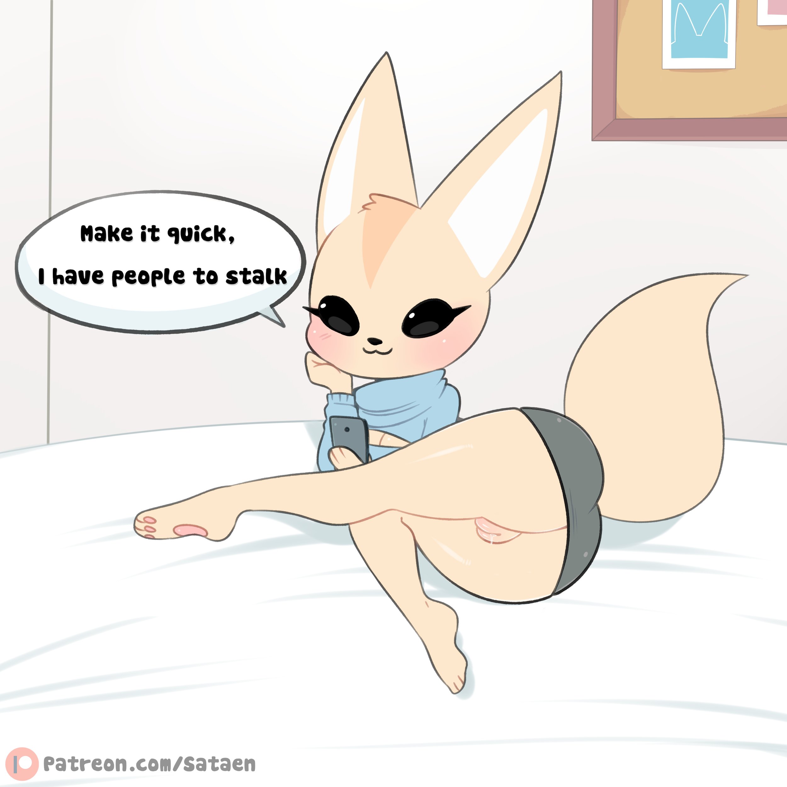 :3, 1:1, 1girls, absurd res, aggressive retsuko, bed, blush, canine, clothing, english text, female, fenneko, fur, furniture, genitals, hi res, laying down, laying on bed, looking at viewer, mammal, phone, pussy, sanrio, sataenart, smile, smooth skin, solo, text