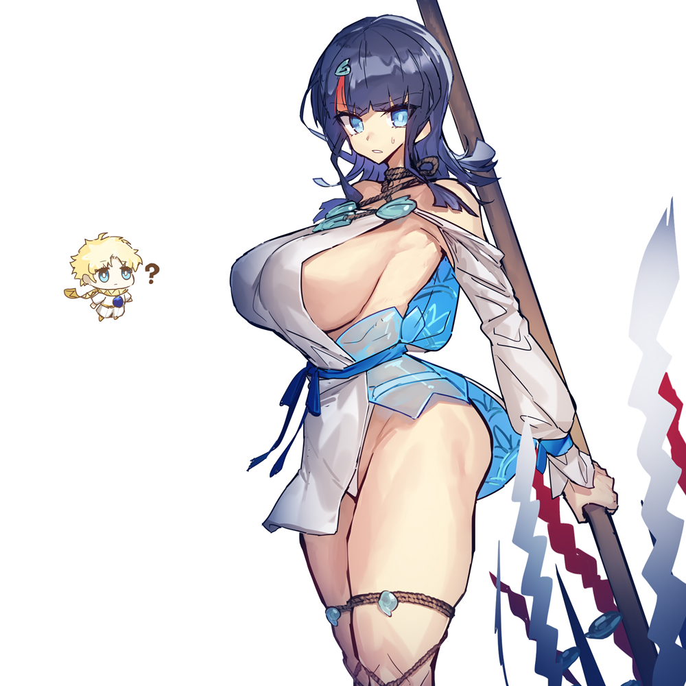 alternate ass size, alternate breast size, ass, big breasts, blue eyes, breasts, curvy, dark hair, erice utsumi (fate), fate (series), fate/grand order, fate/requiem, female, huge breasts, melon22, muscular, muscular thighs, red hair, sideboob, spear, streaked hair, utsumi erise, voyager (fate/requiem), white background