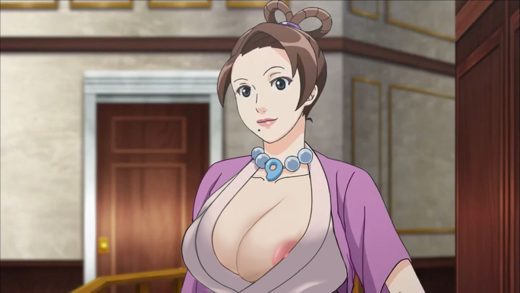 1girls accidental_exposure areola_slip areolae breasts brown_hair cleavage curvy erect_nipples exposed exposed_nipples female female_only gyakuten_saiban huge_breasts mia_fey nipple_slip nipples oblivious overflowing_breasts pearl_fey possession screenshot_edit silverfox12 solo third-party_edit wardrobe_malfunction