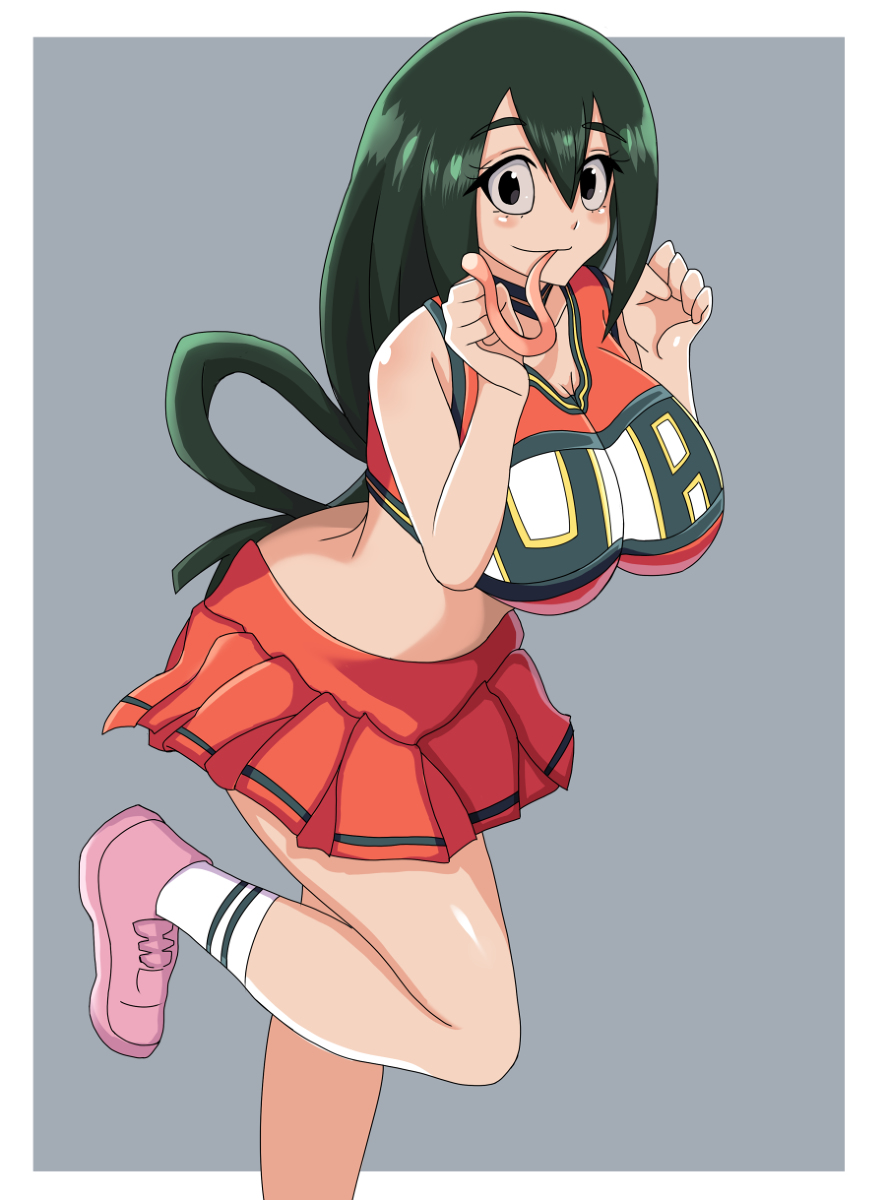 big_breasts black_eyes cheerleader cheerleader_uniform clothing female female_only frog_girl frog_tongue green_hair long_hair long_tongue looking_at_viewer my_hero_academia senak012 shounen_jump skirt smile socks solo solo_female solo_focus tongue tsuyu_asui u.a._cheerleader_outfit wide_hips