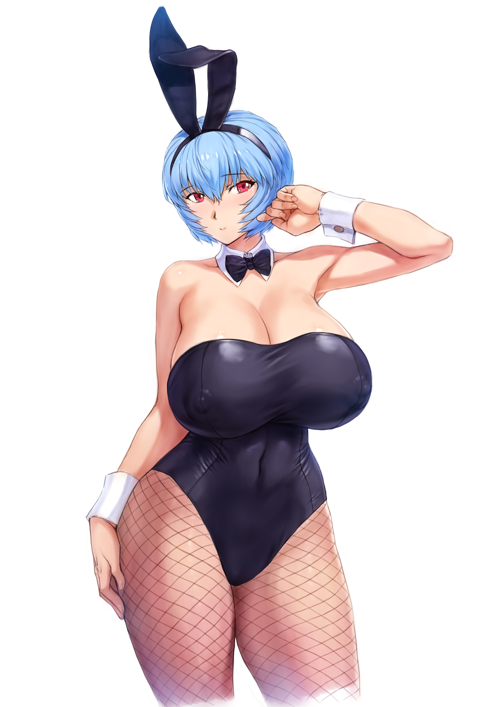 bare shoulders, blue hair, blush, bowtie, breasts, bunny costume, bunny ears, cleavage, clothing, collar, cuffs, erect nipples, erect nipples under clothes, female, fishnets, large breasts, looking at viewer, mogudan, neon genesis evangelion, nipple bulge, nipples, red eyes, rei ayanami, short hair, solo, thick thighs