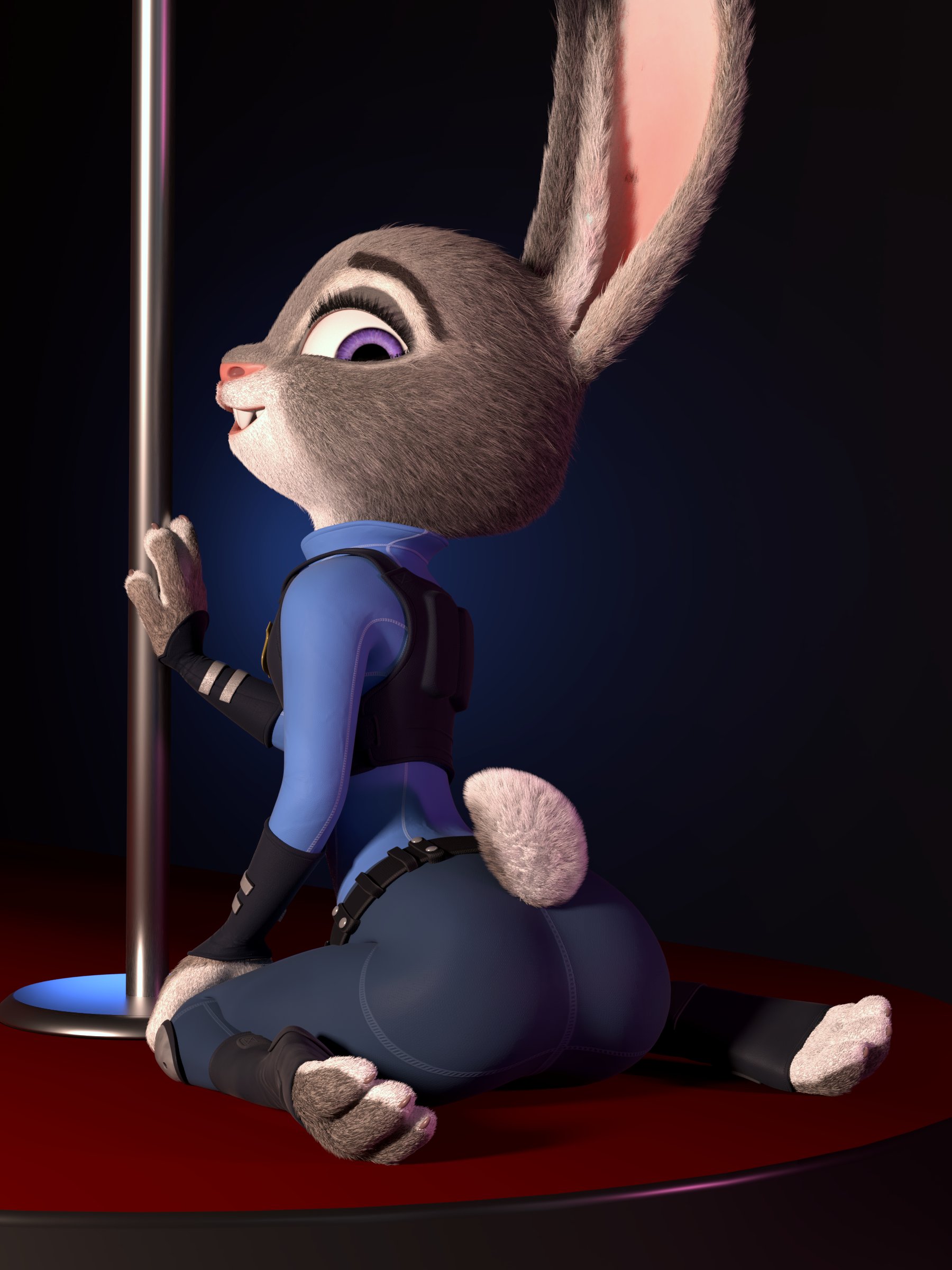 1girls, 3:4, 3d, anthro, ass, buckteeth, bunny, bunny ears, bunny girl, bunny tail, chickenass, clothed, clothes, cute, disney, eyelashes, female, female only, furry, grey fur, judy hopps, lagomorph, looking at viewer, looking back, open mouth, petite, pole, pole dancing, police uniform, policewoman, posing, presenting ass, purple eyes, rabbit, seductive look, seductive smile, sitting, small ass, smaller female, smile, solo, stripper pole, tail, teeth, two-tone fur, white fur, zootopia