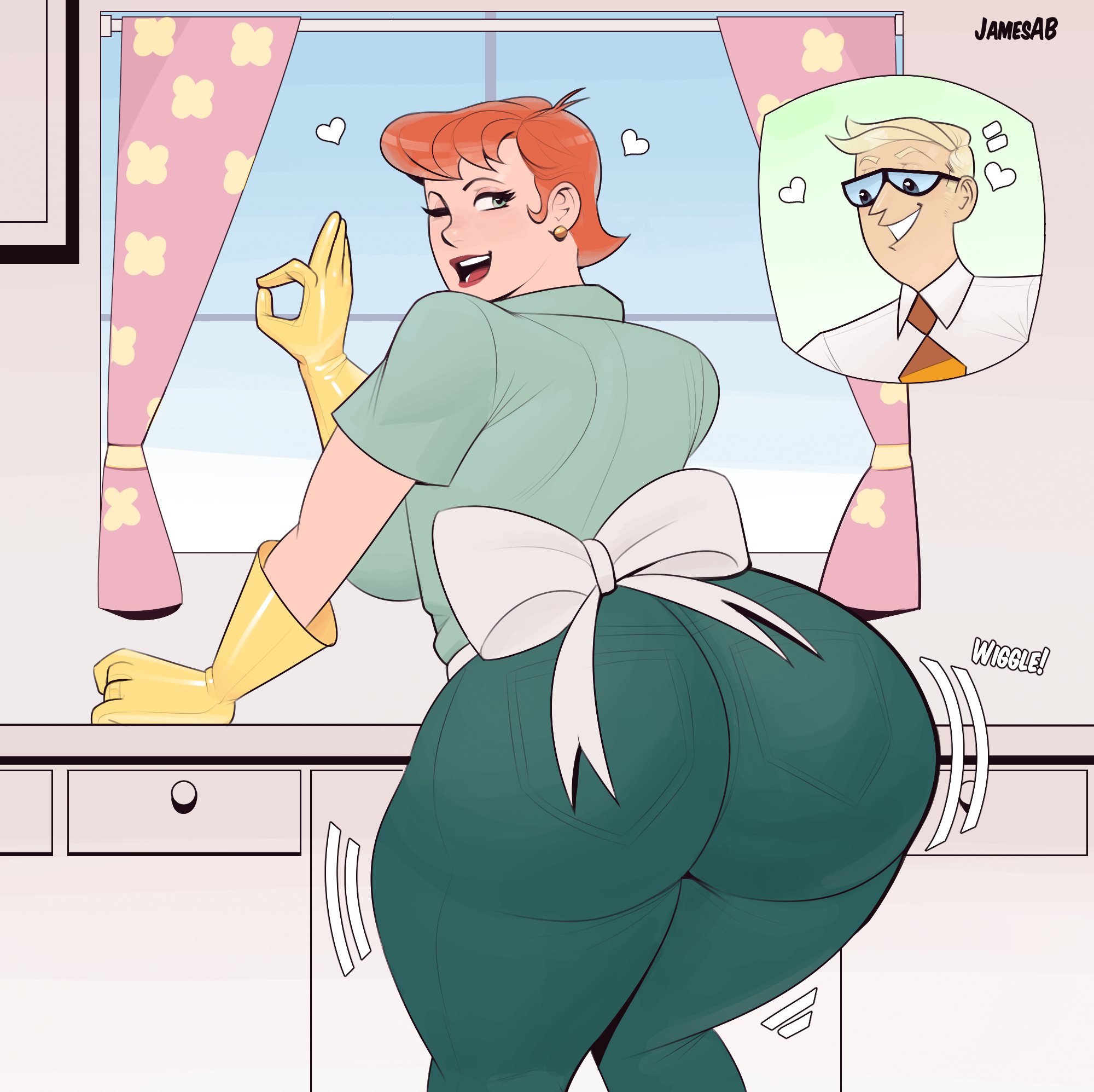 1boy, 1girls, 2020, ass, ass focus, ass shake, big ass, big breasts, blonde hair, blue eyes, bowtie, breasts, canon couple, cartoon network, clothing, cute, dexter's dad, dexter's laboratory, dexter's mom, earrings, female, female focus, ginger hair, gloves, green eyes, husband and wife, jamesab, jeans, latex, latex gloves, looking at viewer, looking back, male, mature, mature female, milf, mother, ok sign, open mouth, orange hair, short hair, sideboob, tagme, tight jeans, tight pants, wedding ring, wink, yellow gloves