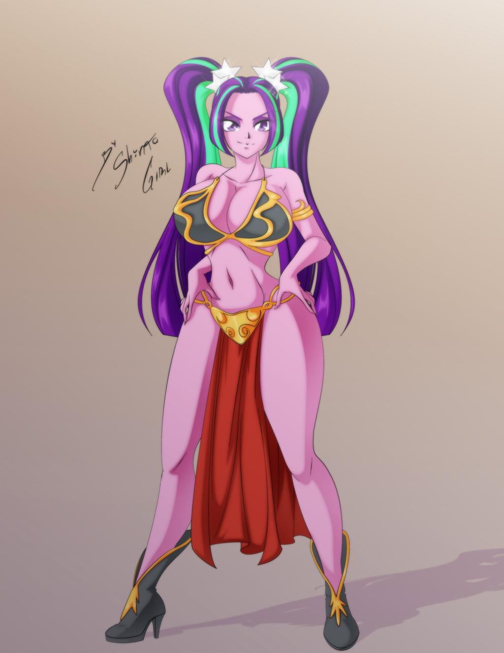 aria blaze, armlet, belly dancer, belly dancer outfit, boots, breasts, cleavage, dancer, dancer outfit, equestria girls, female, female only, friendship is magic, hair ornament, hands on hips, high heel boots, huge breasts, humanized, light green hair, loincloth, long hair, multicolored hair, my little pony, purple eyes, purple hair, purple skin, shinta-girl, slave, slave bikini, slave girl, slave leia (cosplay), slave leia costume, slave outfit, star wars, twintails, voluptuous