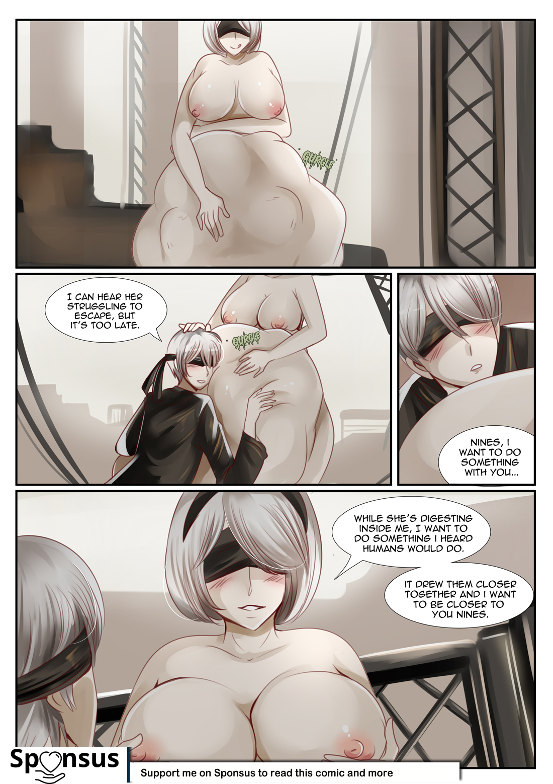 belly, big belly, blindfold, blush, breasts, comic, female, female pred, large breasts, male, nier: automata, nipples, saintxtail, vore, yorha 2b, yorha 9s, yorha a2