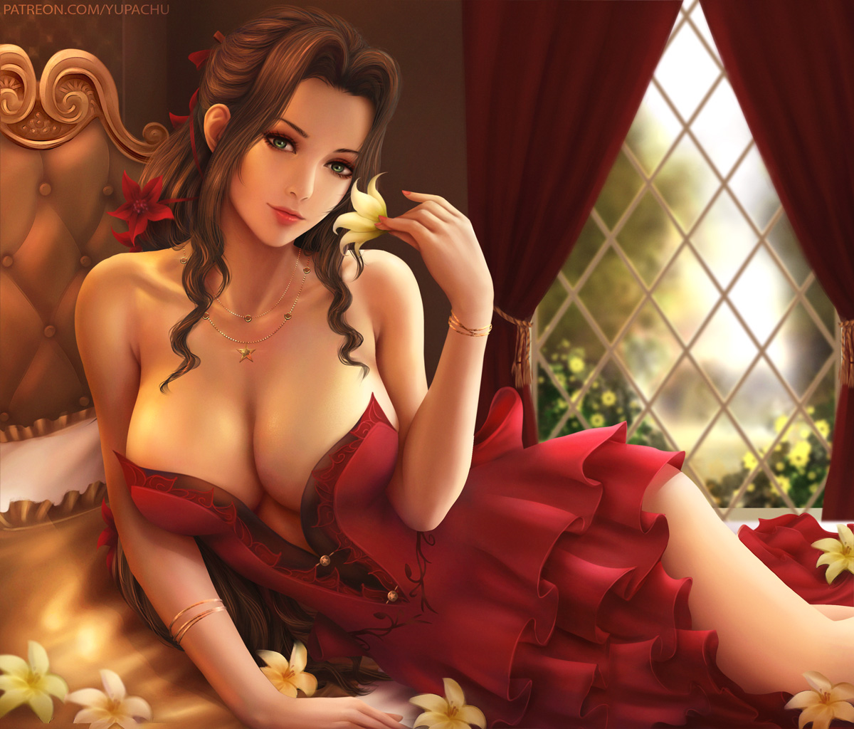 1girls, aerith gainsborough, big breasts, breasts, brown hair, cleavage, dress, female, female only, final fantasy, final fantasy vii, final fantasy vii remake, flower, flower in hair, green eyes, large breasts, red dress, solo, square enix, yupachu