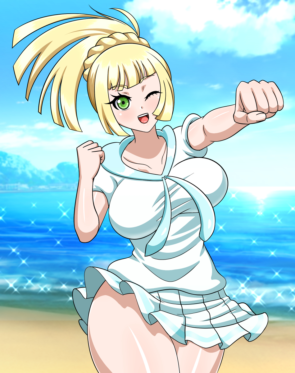 1girls alternate_hairstyle beach big_breasts blonde_hair breasts eye_contact female fully_clothed green_eyes happy lillie_(pokemon) long_hair looking_at_viewer nintendo one_eye_closed pokemon pokemon_sm ponytail solo standing thick_thighs wide_hips yensh