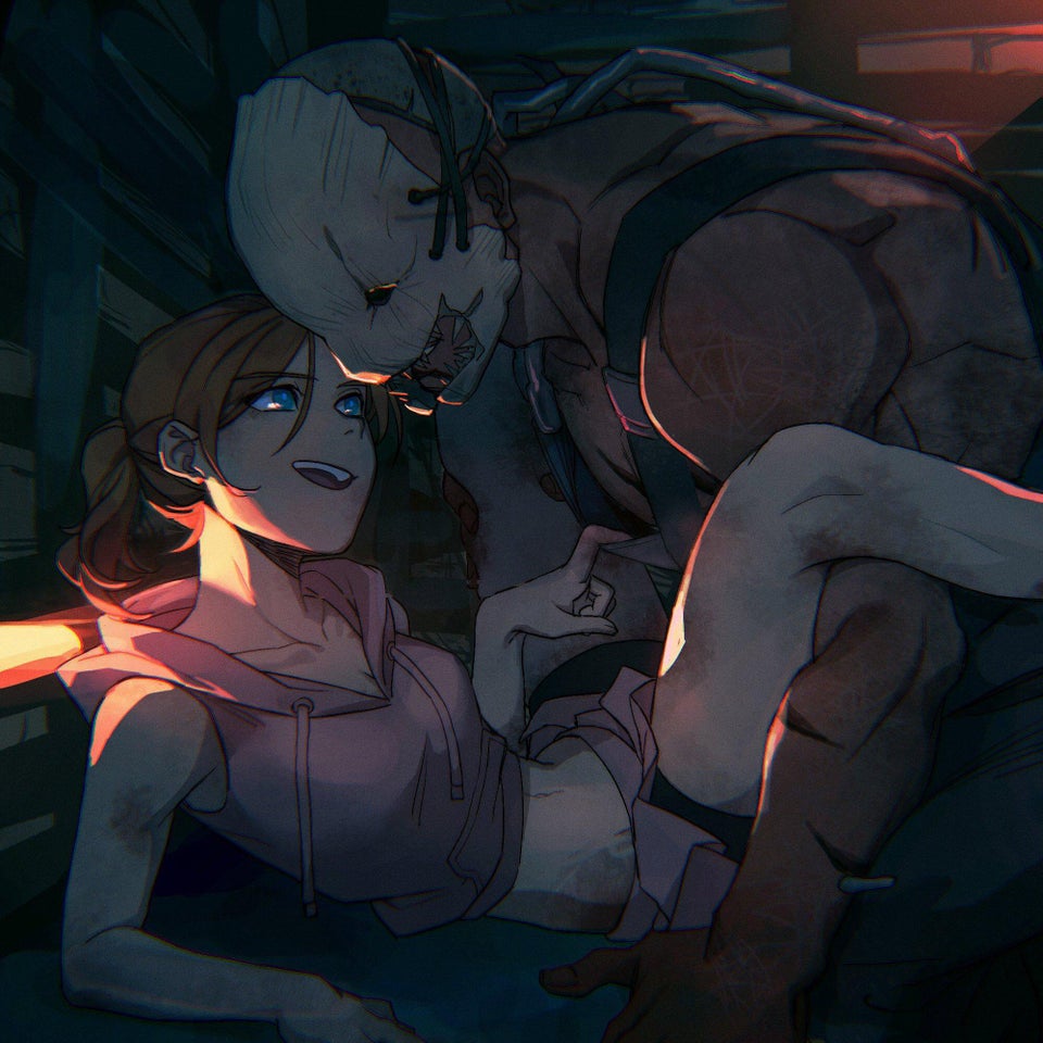 1boy 1girls background blue_eyes brown_hair clothed color dbd dead_by_daylight female human kuroromiko male meg_thomas on_back ponytail short_hair straight the_trapper uncensored