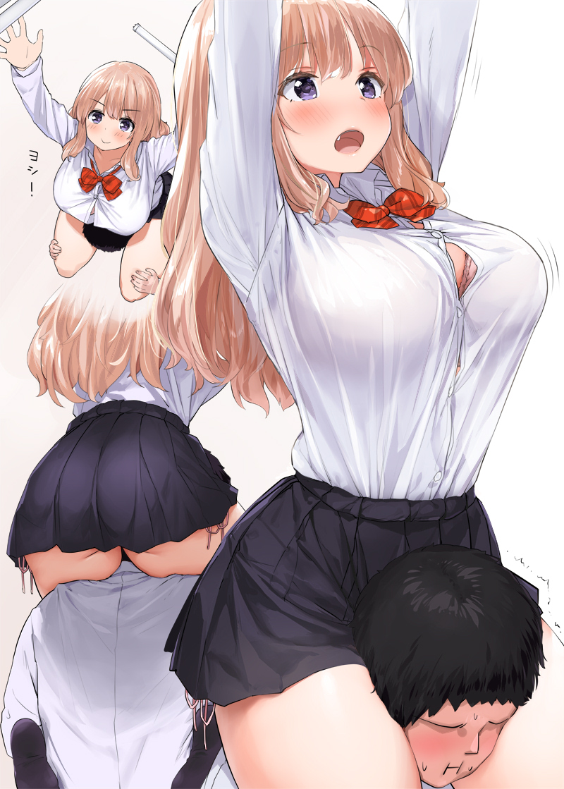 1boy 1girls big_ass big_breasts blonde_hair blush bra bursting_breasts button_gap faceless_male fangs female huge_ass huge_breasts huge_thighs kaisen_chuui long_hair original original_character pale-skinned_female pale-skinned_male pale_skin school_uniform shirt_gap thick_thighs thighs tight_clothing tight_skirt trembling