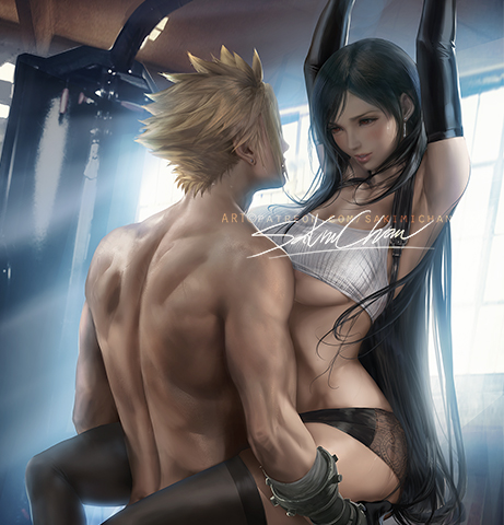 1boy, 1girls, cloud strife, female, final fantasy, final fantasy vii, final fantasy vii remake, male, sakimichan, square enix, tifa lockhart