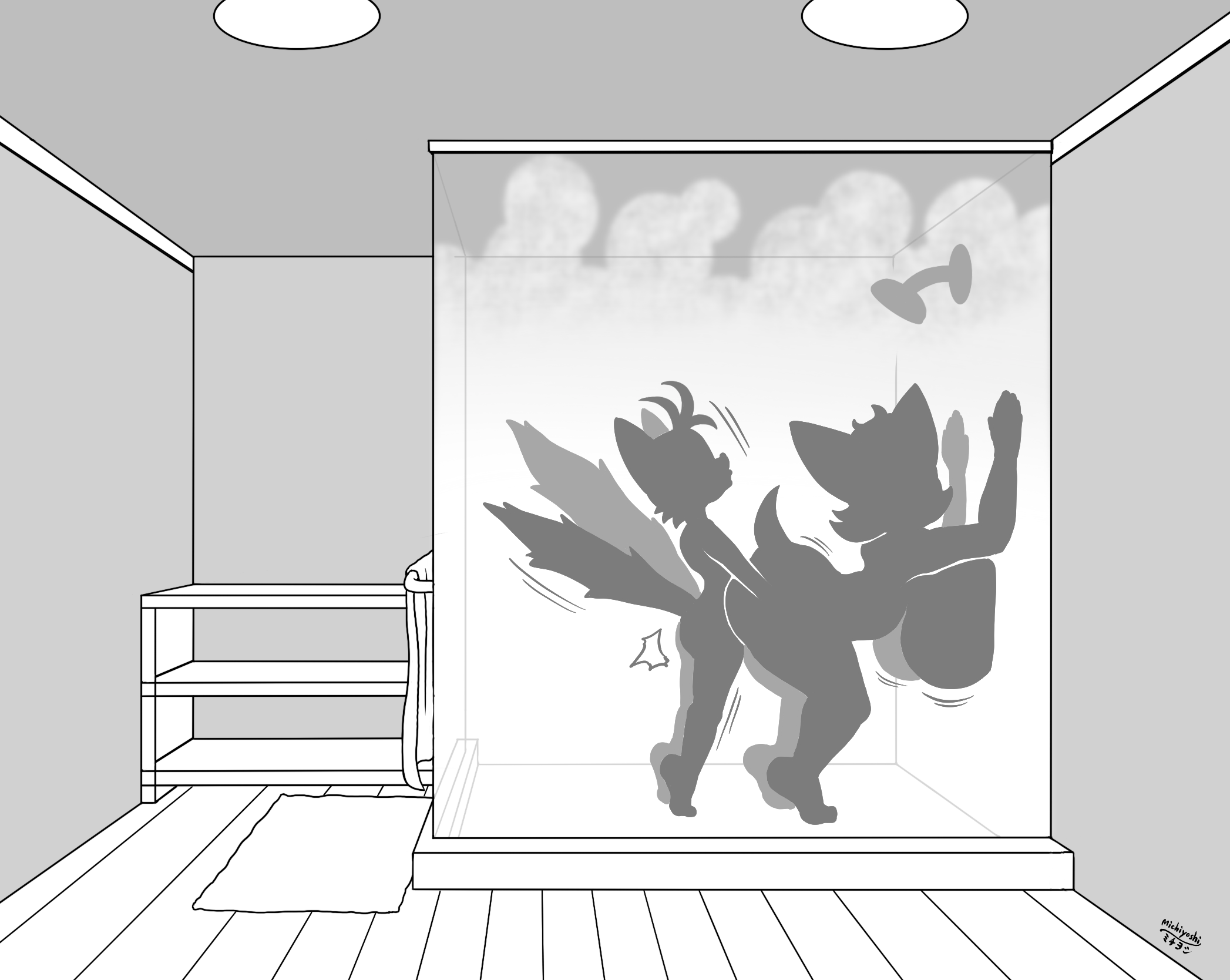 1boy, 1girls, against wall, anthro, breast press, breasts, female, from behind, furry, larger female, looking back, male, michiyoshi, miles tails prower, rouge the bat, sega, sex toy, shower, silhouette, smaller male, sonic (series), tails, tails the fox, tiptoes