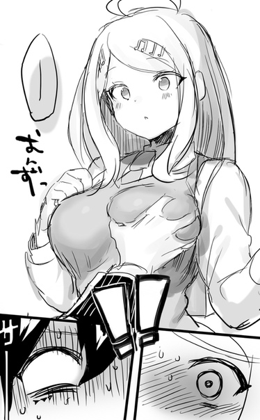 1boy, 1girls, ahoge, akamatsu kaede, big breasts, black and white, black hair, blonde hair, blush, breast grab, breasts, comic, danganronpa, danganronpa v3, embarrassed, female, groping, groping from behind, hair ornament, hairclip, hairpin, japanese text, large breasts, male, monochrome, new danganronpa v3, saihara shuuichi, school uniform, schoolgirl, straight hair, surprised, suurin (ksyaro), sweat, sweatdrop, sweater, sweating, teenager