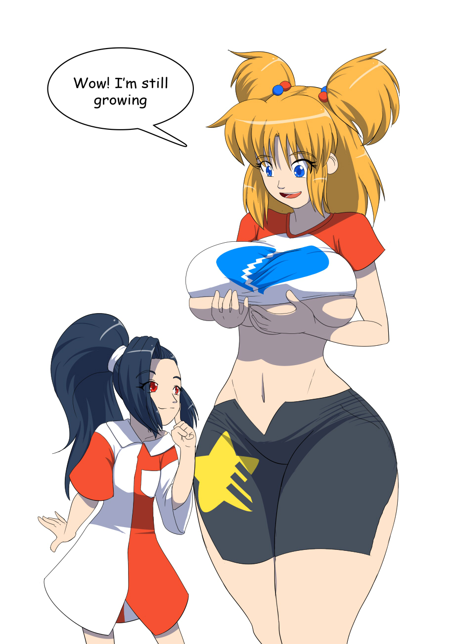 2girls age_progression age_regression akiko_(kojiro-brushard) attribute_theft body_swap breast_expansion breasts female female_only growth huge_ass kojiro-brushard multiple_girls original original_character shrinking underboob wide_hips wynn_(kojiro-brushard)