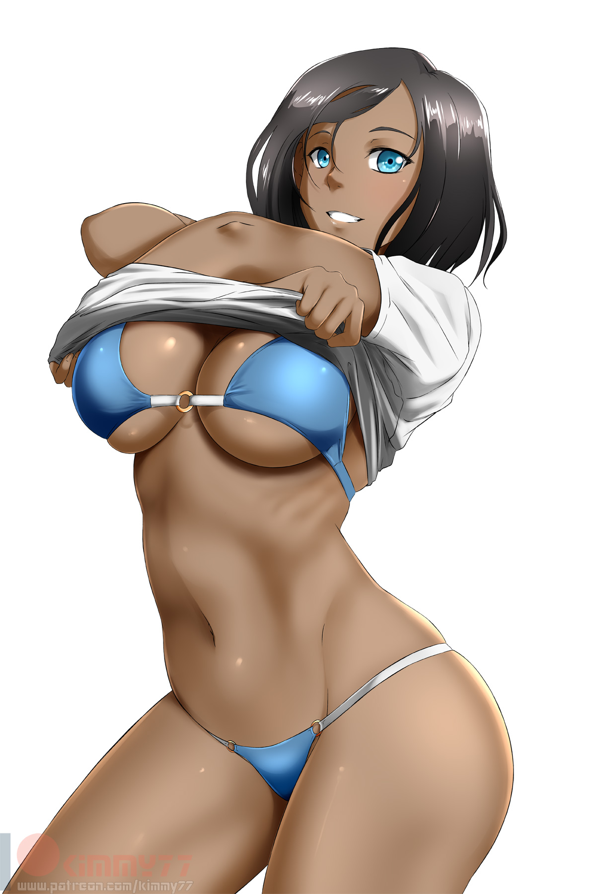 1girls, avatar legends, breasts, clothing, dark skin, dark-skinned female, female, female only, kimmy77, korra, large breasts, looking at viewer, shirt, shirt lift, solo, straight hair, swimsuit, the avatar, the legend of korra, water tribe, white background
