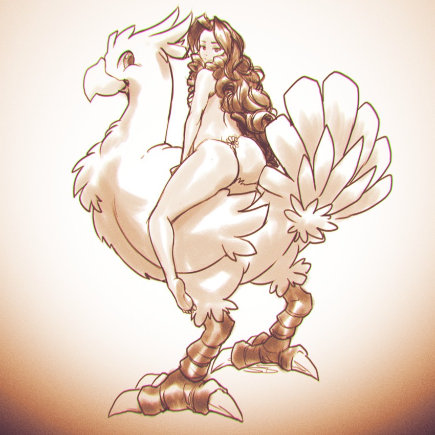 aerith_gainsborough ass back barefoot big_ass bottom_heavy chocobo curly_hair feet female final_fantasy final_fantasy_vii final_fantasy_vii_remake g-string huge_ass implied_bestiality large_ass long_hair looking_at_viewer negarobo panties riding robaato robert_porter small_panties solo_focus square_enix thick_thighs thong underwear wide_hips