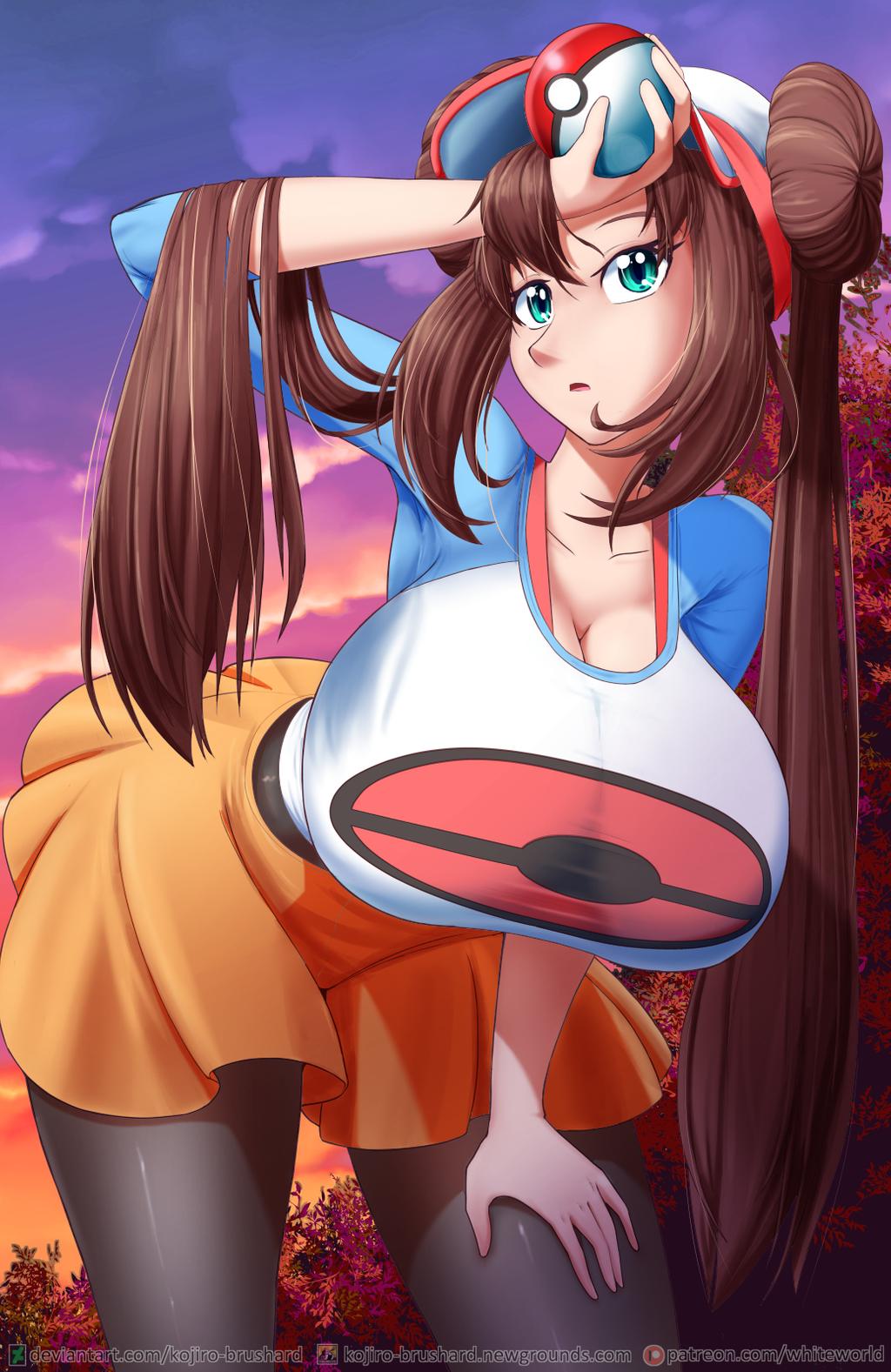 1girls aged_up alternate_breast_size bent_over big_breast blue_eyes breasts brown_hair cleavage detailed_background double_bun eye_contact female hat huge_breasts human kojiro-brushard large_breasts looking_at_viewer nintendo outdoors pantyhose poke_ball pokemon pokemon_bw2 pose rosa_(pokemon) shirt skirt solo solo_female source_request sunset text thigh_gap tree twintails url watermark wide_hips