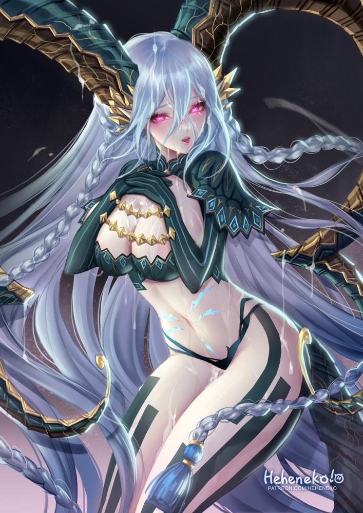 1girls bangs blush braid breasts bukkake chains cleavage crossed_arms crossed_bangs cum curled_horns ejaculation fate/grand_order fate_(series) female gloves gradient gradient_background grey_background hair_between_eyes hands_on_own_chest heheneko horns large_breasts long_hair long_horns looking_at_viewer navel open_mouth pink_eyes pointy_ears smile stomach_tattoo striped striped_gloves symbol-shaped_pupils tail tattoo thighs tiamat_(fate) tongue tongue_out twin_braids vertical-striped_gloves very_long_hair x_x