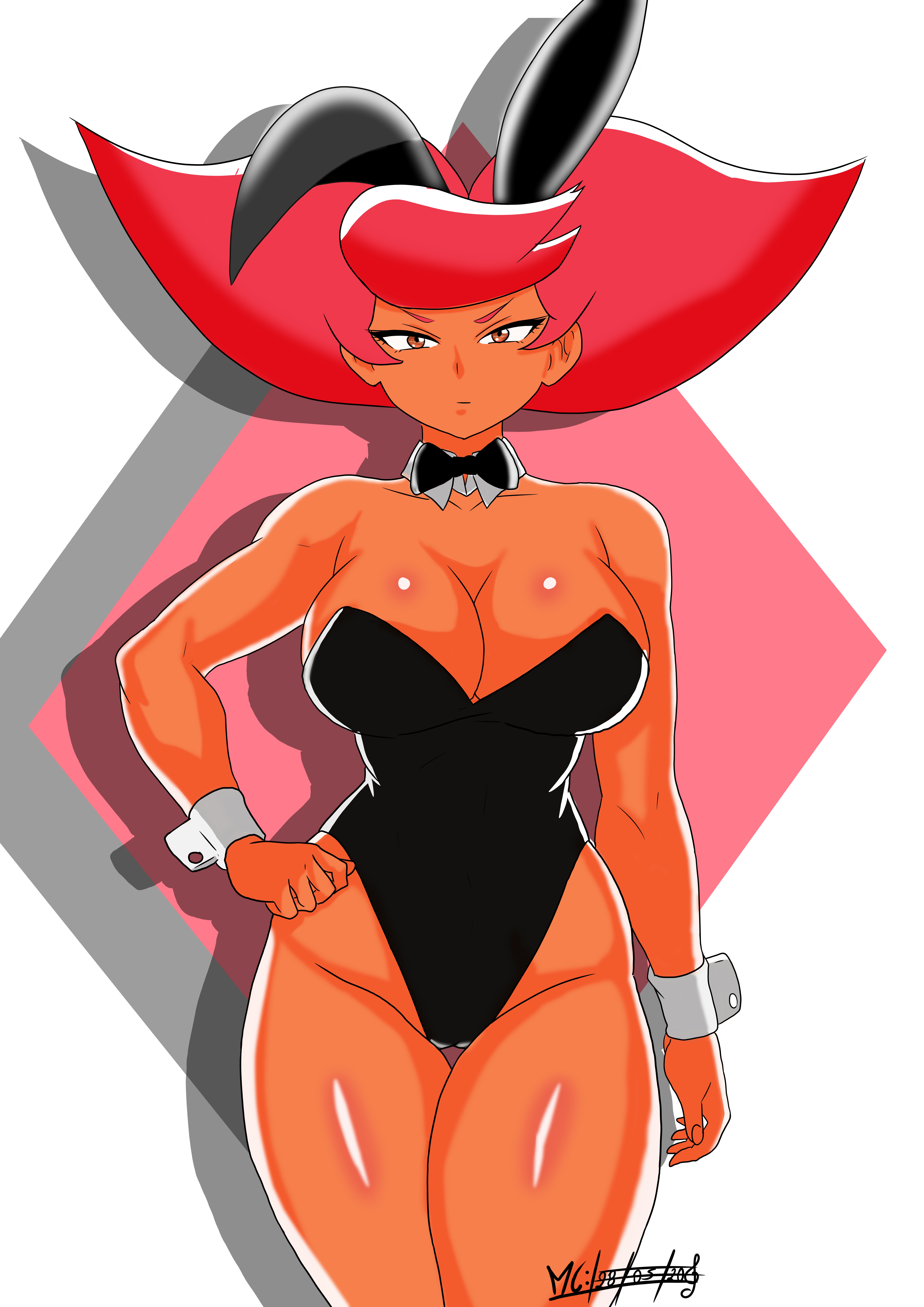 1girls, black bodysuit, breasts, brown eyes, bunny ears, bunny girl, bunnysuit, cameltoe, cleavage, destripando la historia, female, female only, goddess, hestia (destripando la historia), mythology, not porn, orange skin, pussy, red hair