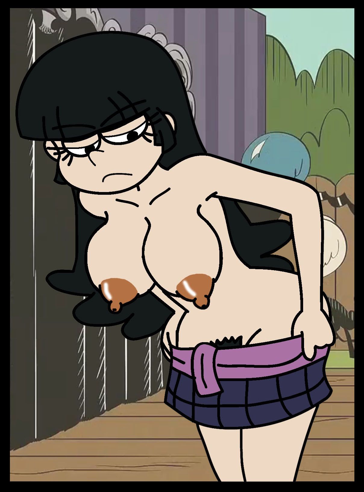 1girls aged_up areola areolae bangs big_breasts black_hair blunt_bangs breasts busty female female_only ferozyraptor frown huge_breasts large_breasts maggie maggie_(the_loud_house) nipples older pubes pubic_hair skirt straight_hair the_loud_house undressing wide_hips