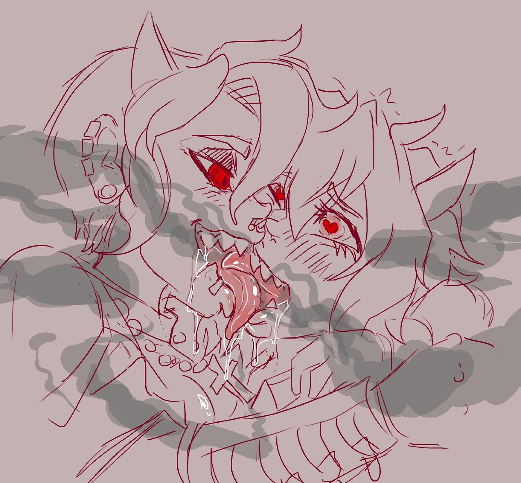 2demons, 2girls, female, french kiss, heart eyes, heart-shaped pupils, helltaker, incest, kissing, malina (helltaker), multiple females, multiple girls, saliva, sisters, smoke, tongue, tongue out, ungulatr, yuri, zdrada (helltaker)
