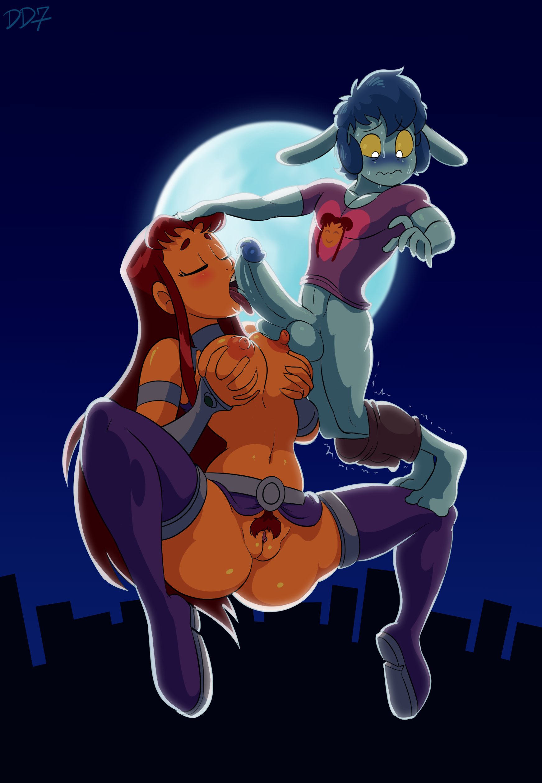 ass, big ass, big breasts, big butt, boots, breasts, daredemon7000, dc, dc comics, erect nipples, eyes closed, fellatio, female, flying, full moon, gluteal fold, grabbing breasts, green eyes, green sclera, huge cock, legs apart, licking, licking penis, long hair, male, moon, nipples, oral, orange skin, penis, pubic hair, pussy, red hair, relle, royalty, size difference, spread legs, starfire, straight, superheroine, teen titans, thigh boots, thigh high boots, thighhigh boots, thighhighs, werewolf