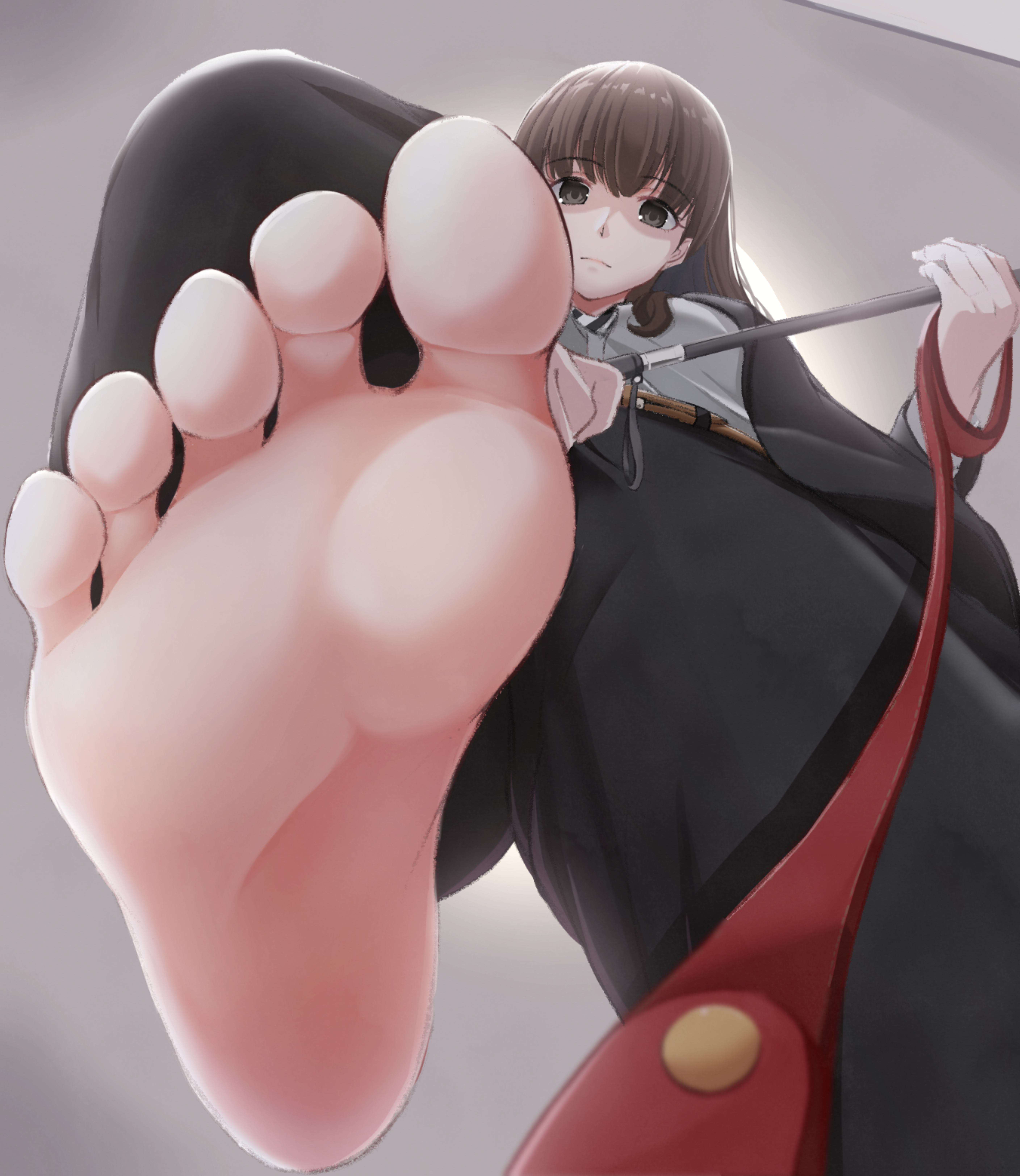 1girls, belt, black jacket, brown eyes, brown hair, closed mouth, clothing, eyebrows visible through hair, feet, female, female only, femdom, foot focus, foot worship, jacket, leash, leashed pov, long hair, looking at viewer, pov, submissive pov, toes, yoshimoto (carpsukidayo)