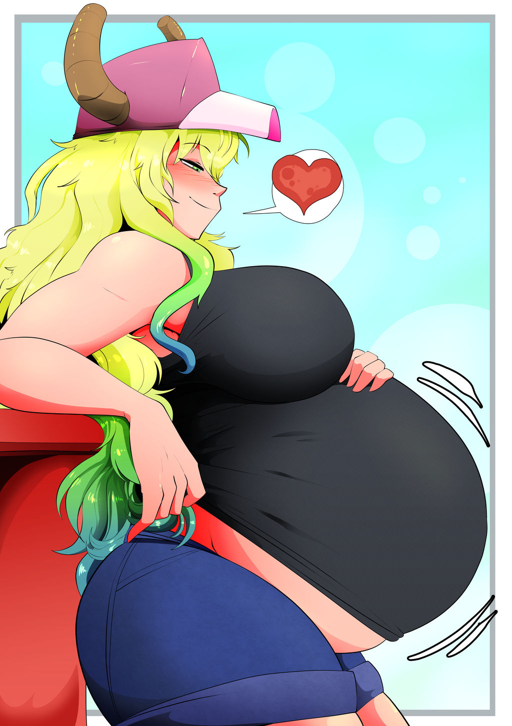 1girls, big belly, big breasts, breasts, female, horns, huge belly, long hair, miss kobayashi's dragon maid, pregnant, quetzalcoatl (dragon maid), ready to pop, shorts, vale-city