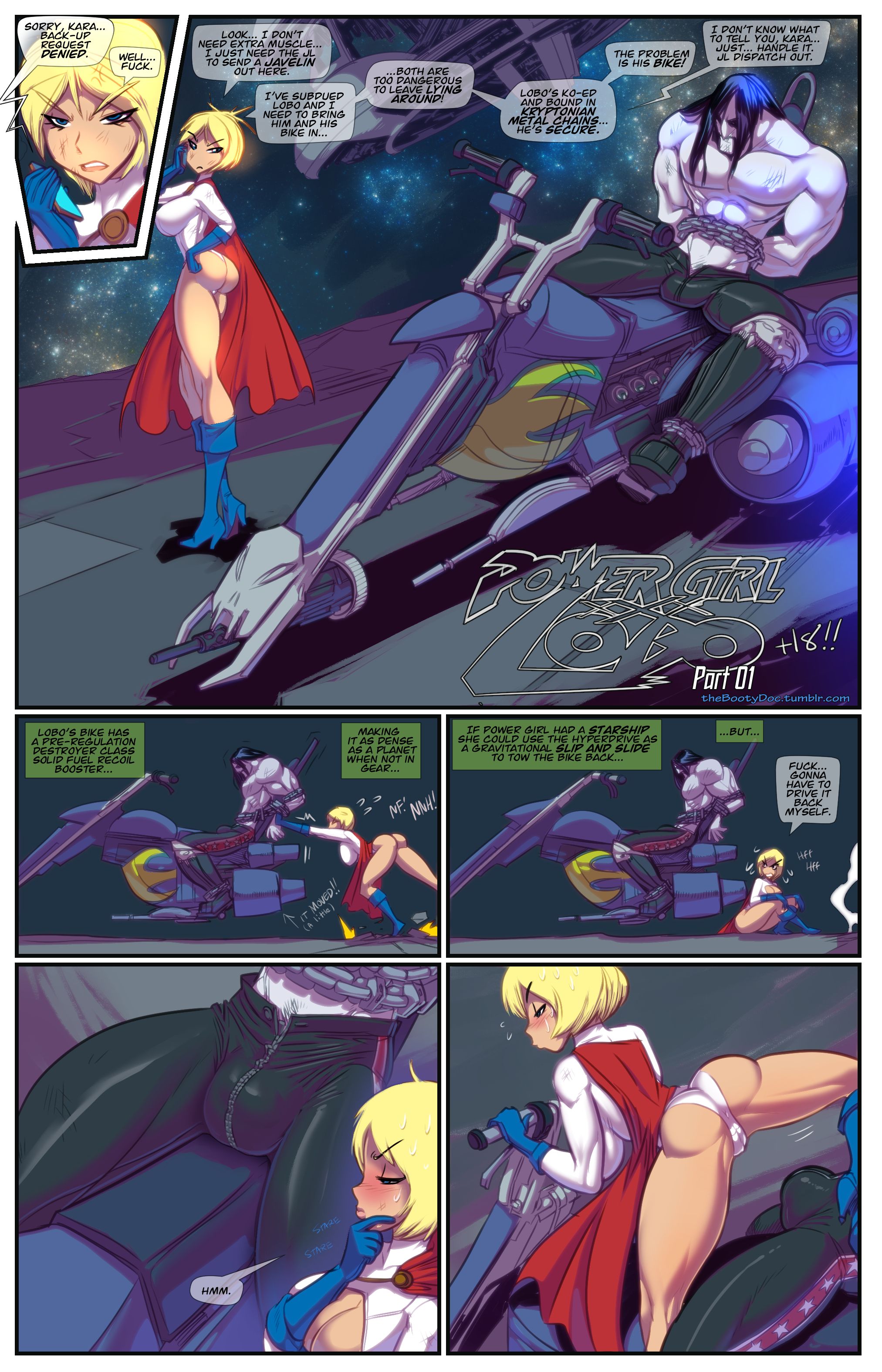 1boy, 1girls, alien, ass, blonde hair, boots, bulge, comic, czarnian, dc, dc comics, enemies, enemies with benefits, female, female focus, fred perry, hi res, high heel boots, huge ass, kryptonian, light skin, light-skinned male, lobo (dc), male, muscular, muscular male, pale skin, pale-skinned male, power girl, superman (series), tagme, thick thighs