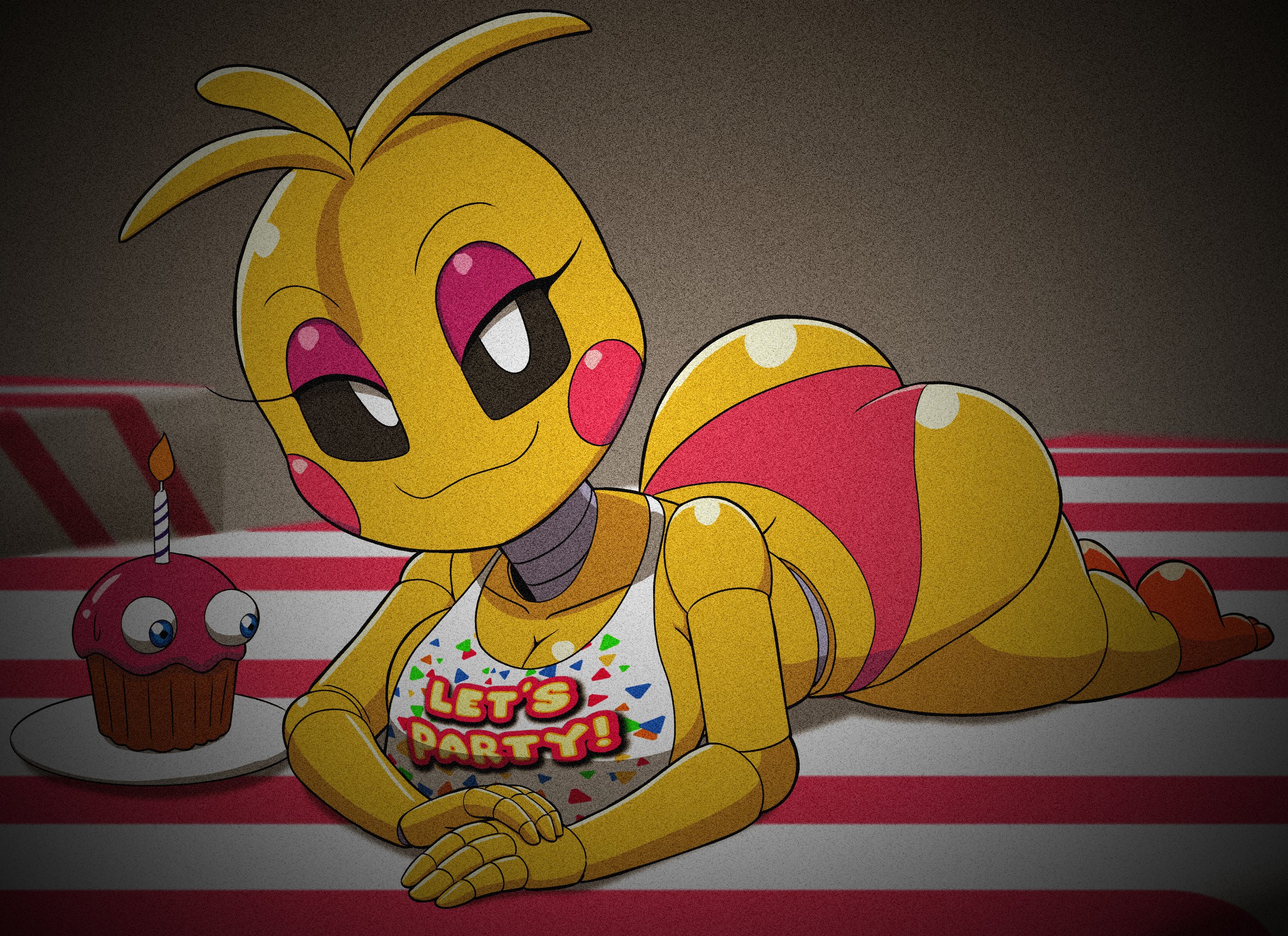 1girls, 2020, absurd res, alternate ass size, alternate body type, alternate breast size, alternate version at source, alternate version available, anthro, ass, bedroom eyes, big ass, big breasts, black sclera, breasts, cheeks, cleavage, cupcake (fnaf), curvaceous, curvy, curvy body, curvy female, curvy figure, curvy hips, digital media (artwork), eyebrows, eyelashes, eyeshadow, female, five nights at freddy's, five nights at freddy's 2, furry, hands together, hi res, laying on stomach, laying on table, looking at breasts, looking at viewer, partially clothed, partially clothed female, pink cheeks, pink eyeshadow, pink panties, robot, robot girl, robot humanoid, robot joints, smiling at viewer, solo, sweatdrop, tank top, tansau, text on clothing, thick thighs, thighs, toy chica (fnaf), voluptuous, white eyes, white tank top, wide hips, yellow body, yellow breasts, yellow hair