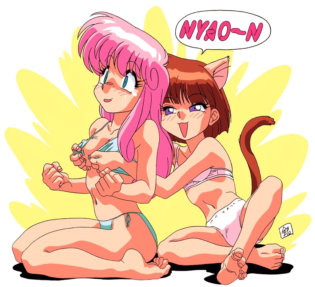 2girls 90s :3 animal_ears assisted_exposure barefoot blue_bra blue_panties blush bra breasts brown_hair cat_ears cat_tail eyebrows_visible_through_hair fake_animal_ears fake_tail feet female female_only from_behind full_body green_eyes half-closed_eyes highres kazuyo_(viper) kneeling long_hair looking_at_another medium_breasts multiple_girls mutsumi_(viper) navel official_art open_mouth panties pink_bra pink_hair pink_panties purple_eyes short_hair side-tie_panties signature simple_background sitting small_breasts smile sogna soles speech_bubble surprised sweat sweatdrop tail tears text thighs toe_scrunch toes underwear underwear_only undressing viper_(series) viper_v6 wariza yuri