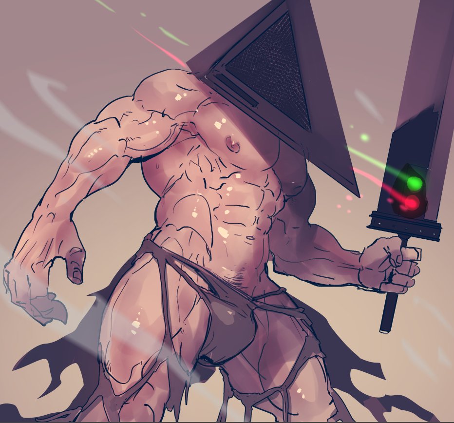 bara big_hands big_pecs bulge buster_sword clothing_in_shreds crossover final_fantasy final_fantasy_vii male male_only materia muscles muscular muscular_male nipples owooga pecs pyramid_head rybiok silent_hill silent_hill_(film) solo sword torn_clothes