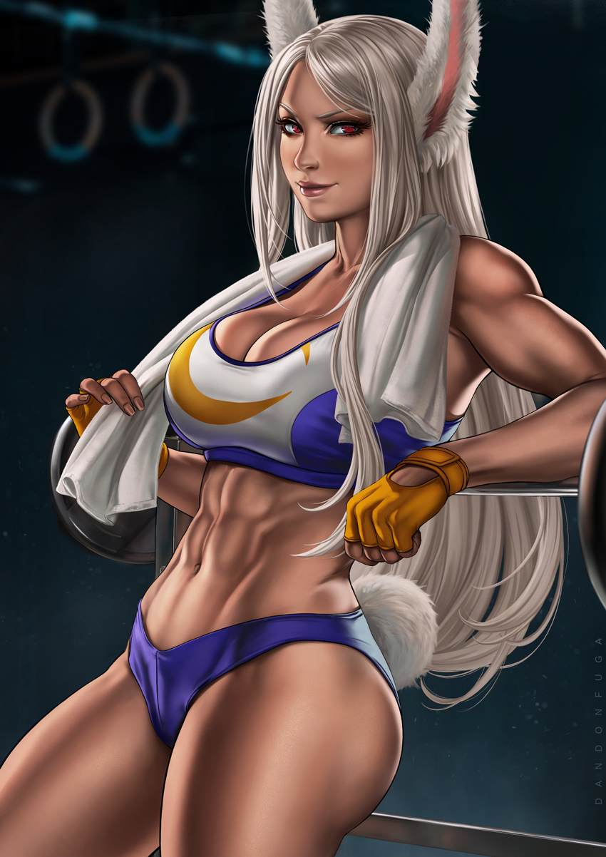 1girls, 2020, abs, big breasts, boku no hero academia, booty shorts, breasts, bunny ears, bunny tail, cleavage, dandon fuga, dark skin, dark-skinned female, female, female only, fingerless gloves, gloves, large breasts, long hair, looking at viewer, miruko, muscles, muscular, muscular female, my hero academia, rabbit humanoid, red eyes, rumi usagiyama, smile, solo, sports bra, thick thighs, uncensored, white hair