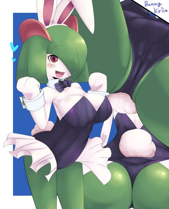 1girls, 2020, alternate breast size, anthro, anthrofied, armpits, ass, big penis, blush, bodysuit, breasts, bunny tail, bunnysuit, cameltoe, cleavage, close-up, clothing, costume, eye contact, fake ears, fake rabbit ears, female, from below, green hair, green skin, hair over one eye, heart, hi res, highres, humanoid, kirlia, leotard, looking at viewer, male, nintendo, open mouth, penis, pokémon (species), pokemon, pokemon (species), pokemon rse, pussy, red eyes, san ruishin, sideboob, smile, solo, source request, text, tongue, video games, watermark, white skin, wide hips