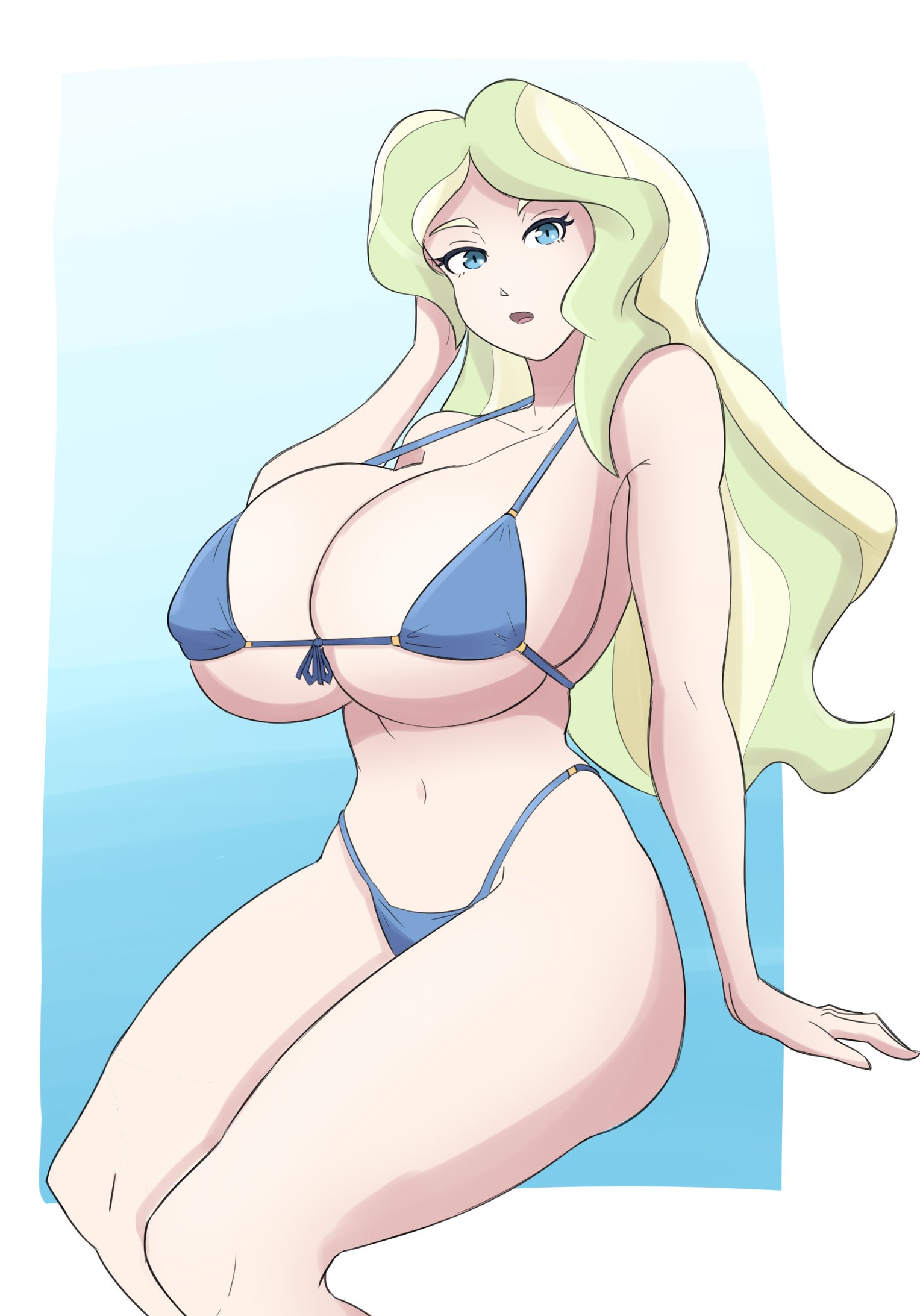 1girls, alternate breast size, big breasts, bikini, blonde, blonde hair, blue bikini, blue eyes, blue swimsuit, breasts, busty, cleavage, clothing, curvy, diana cavendish, eyelashes, female, female only, front-tie bikini, front-tie top, fully clothed, highres, huge breasts, large breasts, little witch academia, long hair, looking at viewer, navel, open mouth, rexcrash64, simple background, solo, swimsuit, thick thighs, voluptuous, wide hips