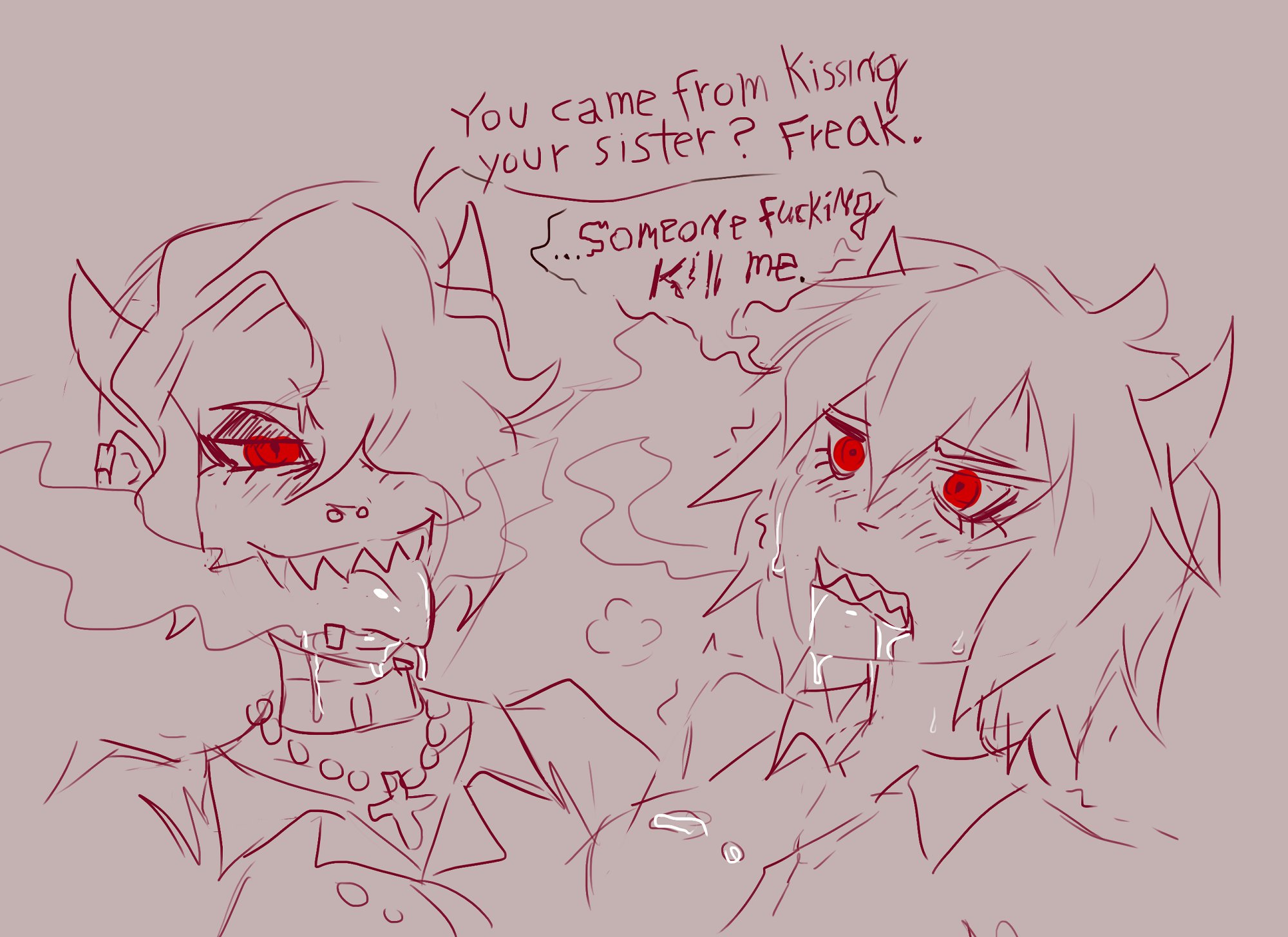 2demons, 2girls, after kiss, female, helltaker, incest, malina (helltaker), multiple females, multiple girls, saliva, sisters, tongue, tongue out, ungulatr, yuri, zdrada (helltaker)