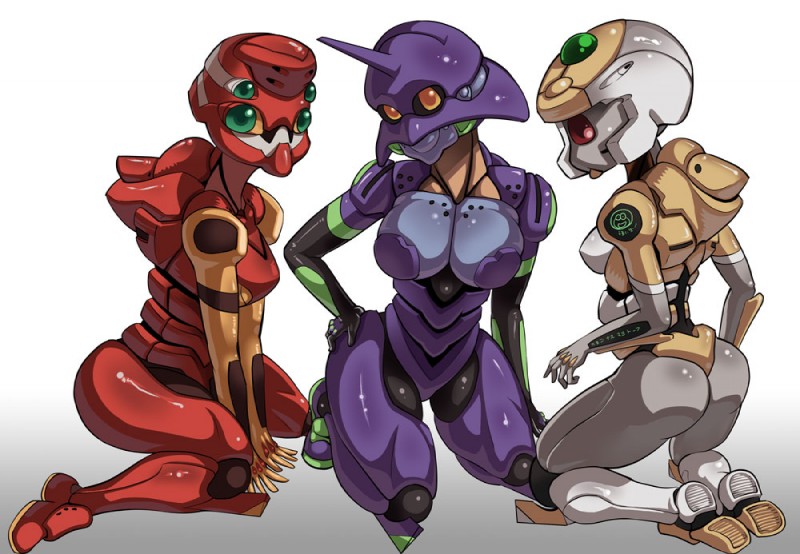 2020 3girls 4_eyes alternate_species armor ass breasts butt cybernetics eva_00 eva_01 eva_02 evangelion_(mecha) female gainax group hi_res highres horn humanoid humanoidized kneeling large_breasts looking_at_viewer machine mecha multiple_girls neon_genesis_evangelion purple_body red_body robot robot_girl sashizume_soutarou simple_background trio white_background white_body