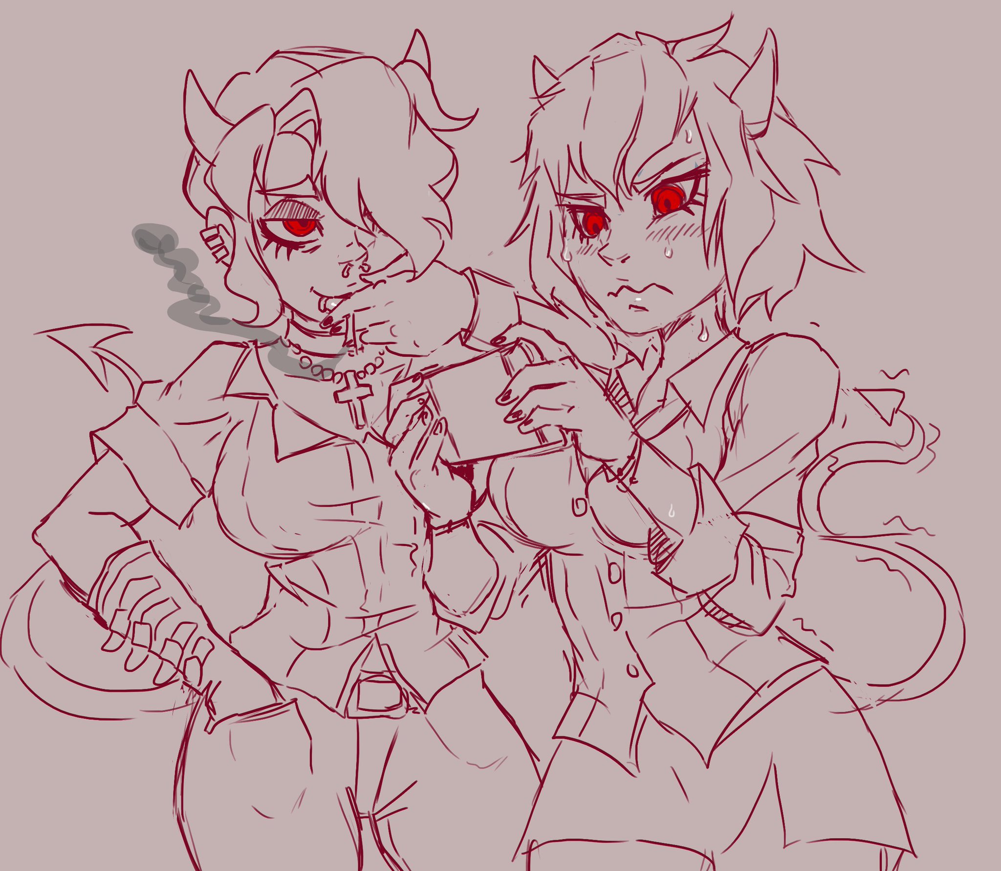 2demons, 2girls, cigarette, duo, female, helltaker, malina (helltaker), monochrome, red eyes, sisters, smoking, ungulatr, zdrada (helltaker)