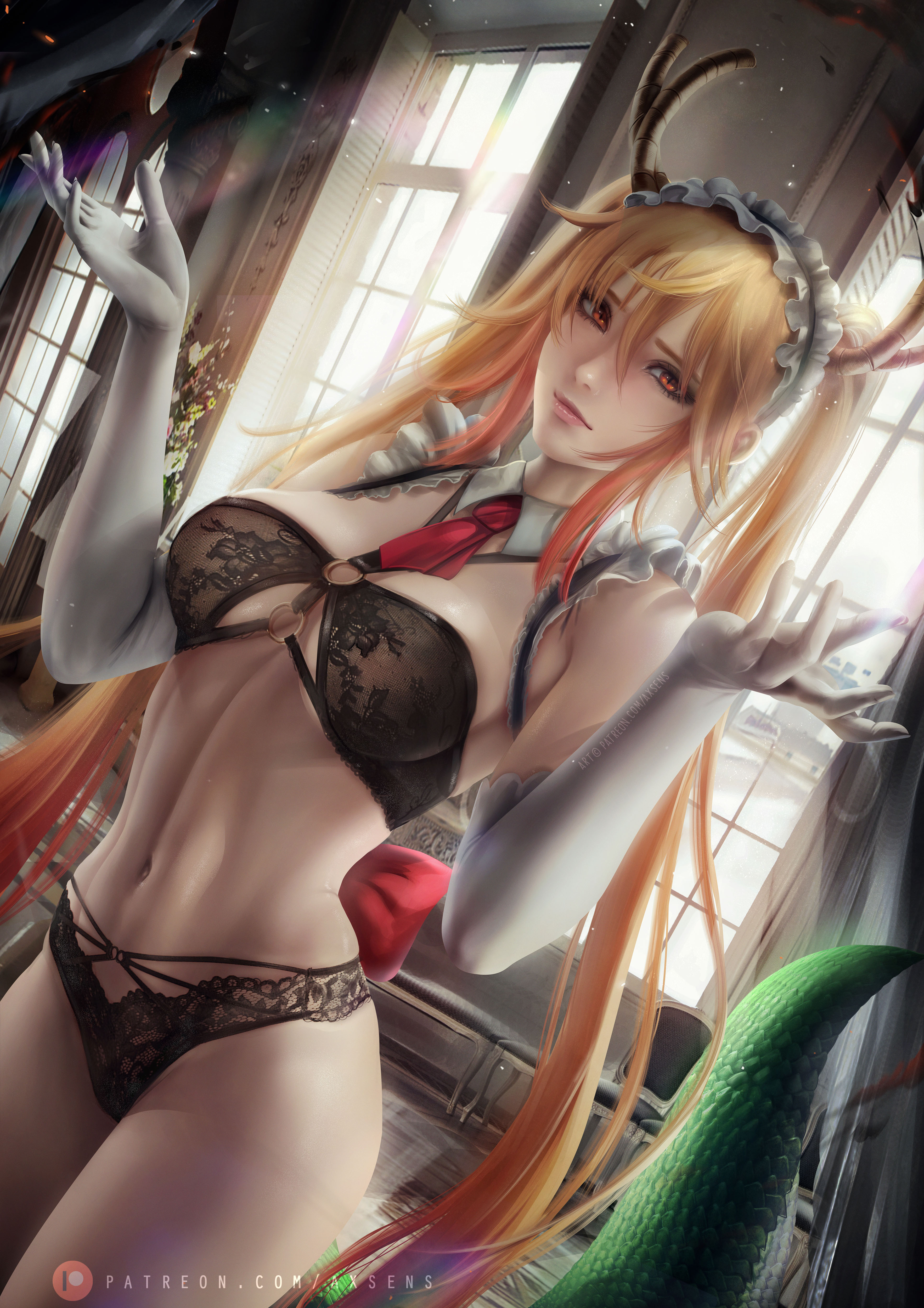 1girls, axsens, breasts, dragon, dragon girl, dragon tail, female, female only, gloves, lingerie, maid, maid uniform, miss kobayashi's dragon maid, scales, shrug, tohru (dragon maid)