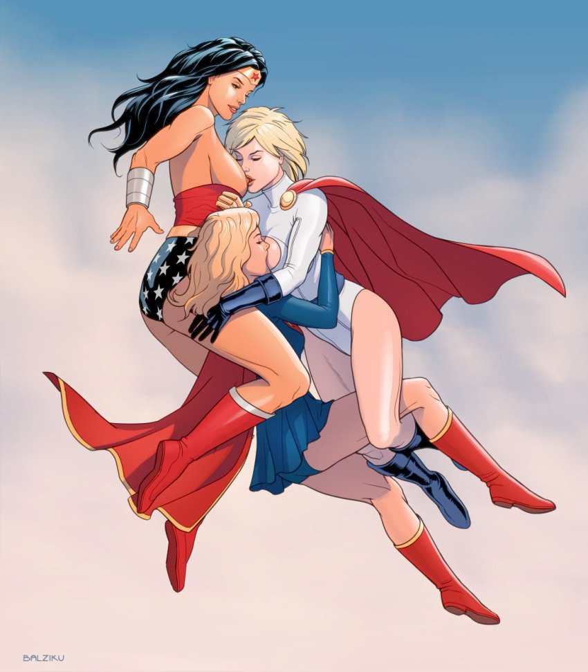 3girls, ass, balziku, blonde hair, boots, breast sucking, breasts, costume, dc, dc comics, diana prince, female, flying, justice league, kara danvers, kara zor-el, kara zor-l, karen starr, multiple females, multiple girls, power girl, public sex, supergirl, superman (series), threesome, wonder woman, wonder woman (series), yuri