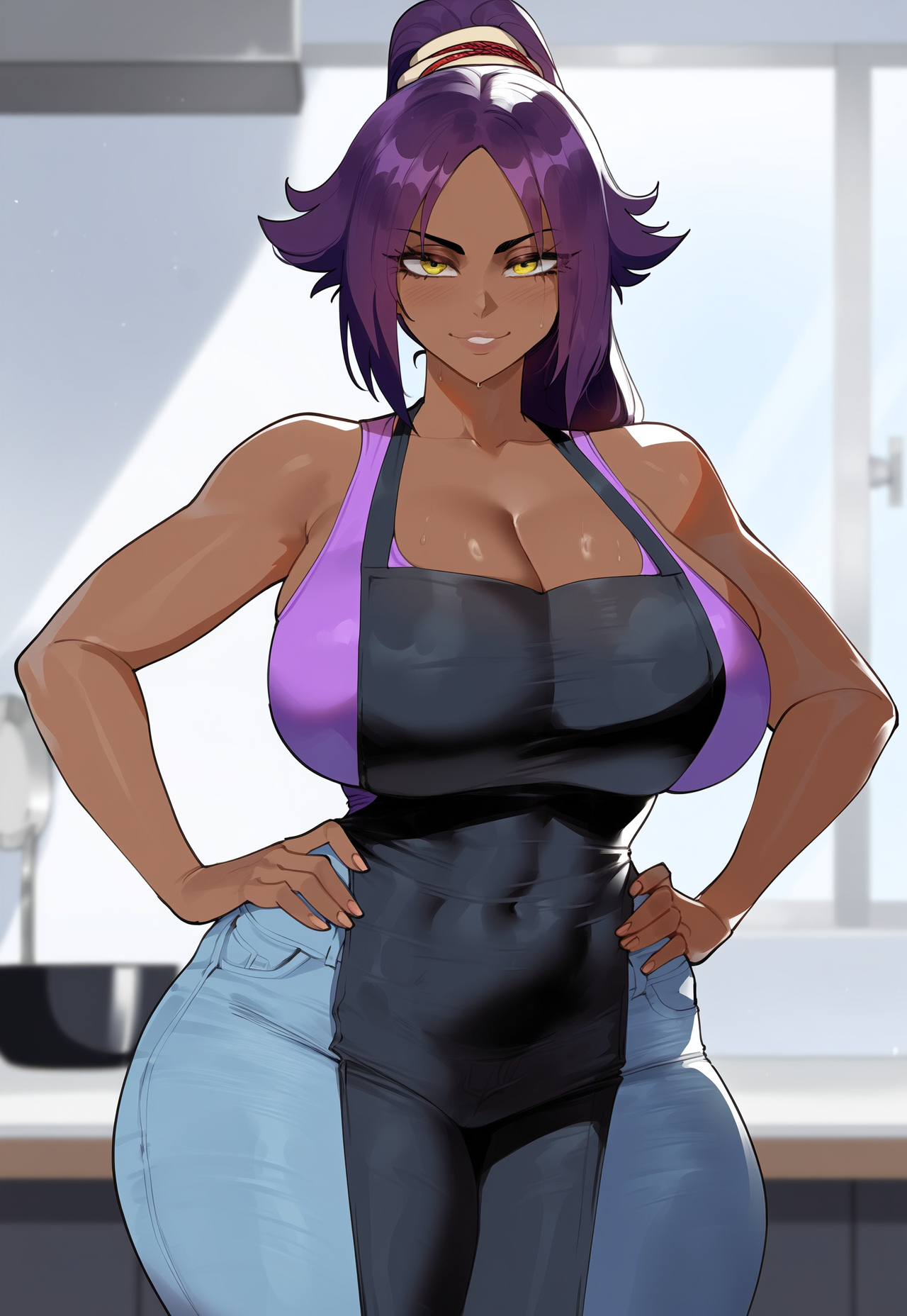1girls, ai generated, bleach, bleach: the thousand-year blood war, creamy ai, curvy, dark skin, dark-skinned female, female, shihouin yoruichi, solo, tagme