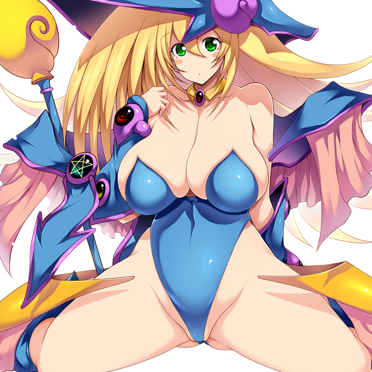 1girls, big breasts, blonde hair, breasts, breasts bigger than head, cleavage, curvy, curvy body, curvy female, curvy figure, dark magician girl, female, female only, green eyes, hourglass figure, huge breasts, large breasts, long hair, shounen jump, solo, solo female, thick thighs, thighs, tsukasawa takamatsu, voluptuous, wizard hat, yu-gi-oh!