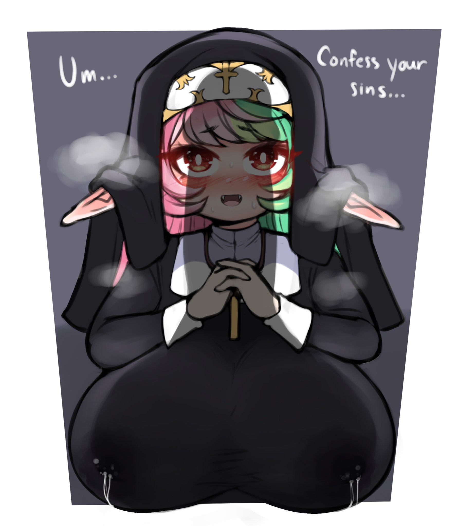 1boy, 1girls, big penis, blush, clothed, clothing, duo, english text, erection, female, imminent sex, jojoniumart, long hair, looking at viewer, male, mochi (jojoniumart), nun, nun's habit, penis, penis shadow, pointy ears, red eyes, shadow, simple background, smile, text, two-tone hair