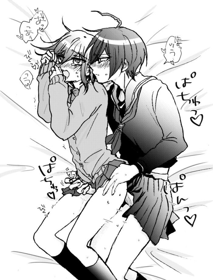 2boys, anal, anal sex, arched back, blush, crossdressing, cum, cum while penetrated, danganronpa, danganronpa v3, erection, erection while penetrated, femboy, gay, girly, handjob, handjob while penetrating, hip grab, male, male only, monochrome, new danganronpa v3, open mouth, ouma kokichi, reach around, saihara shuuichi, sailor uniform, school uniform, skirt, straight hair, trap, yaoi