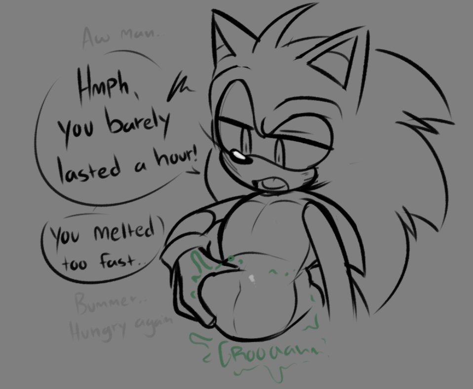 after_vore anthro belly big_belly blush bodily_fluids dialogue digestion digestion_noises duo male male_pred oogletvoidlet oral_vore same_size_vore sega sonic_(series) sonic_the_hedgehog sonic_the_hedgehog_(series) speech_bubble stomach_bulge vore