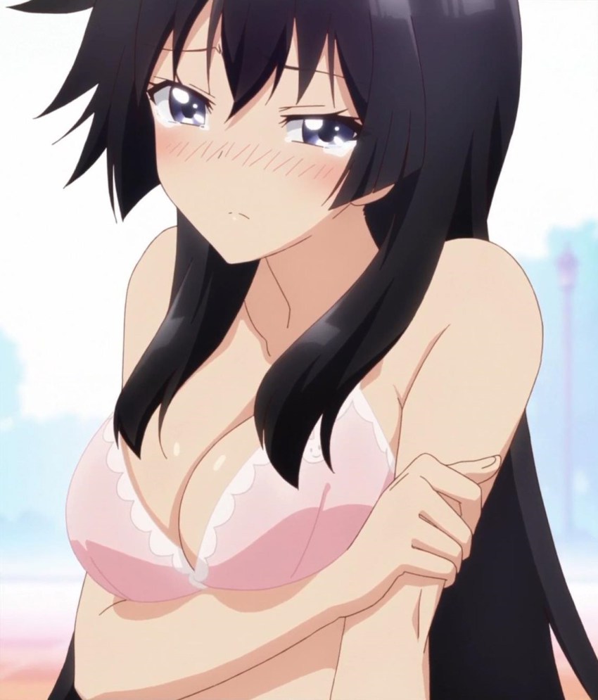 1girls black_eyes black_hair blush bra breasts embarrassed female_focus hanging_breasts highres jinryou_karen lace large_breasts long_hair ore_ga_ojou-sama_gakkou_ni_"shomin_sample"_toshite_rachirareta_ken pink_bra screencap silver_link solo tears underwear